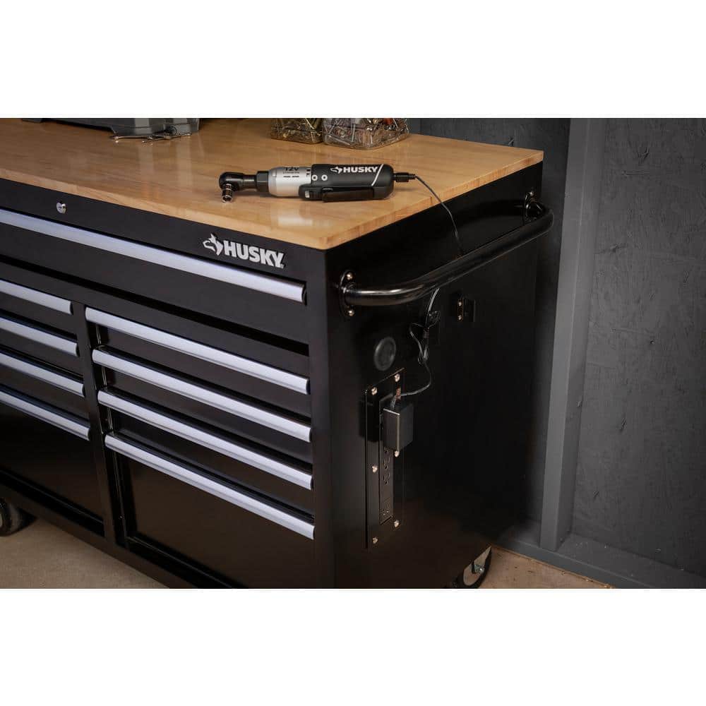 46 in. W x 24.5 in. D Standard Duty 9-Drawer Mobile Workbench Cabinet with Solid Wood Top in Gloss Black
