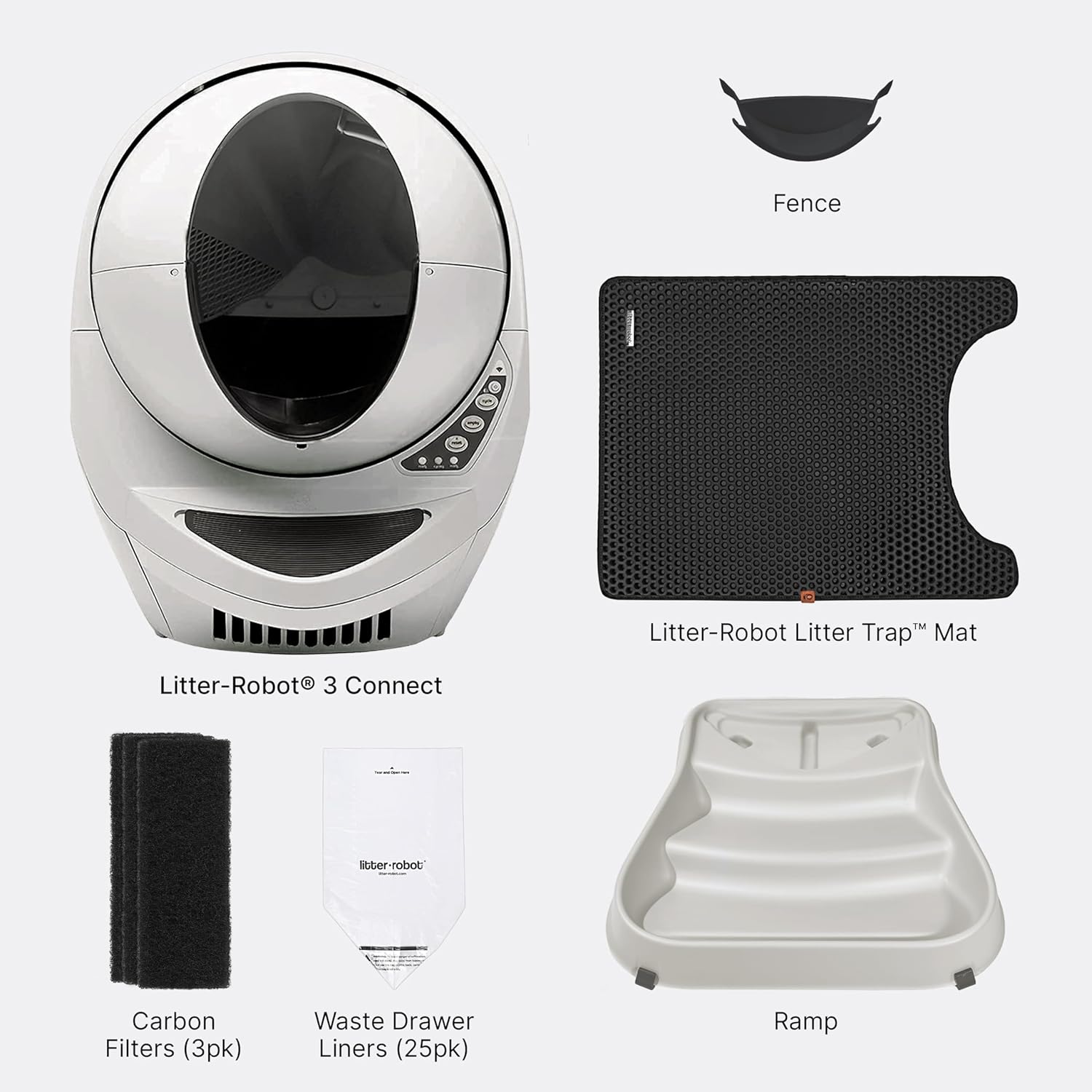 Litter-Robot 3 Connect Core Bundle by Whisker, Grey - Includes Automatic, Self-Cleaning Litter Box, LitterTrap Mat, Fence, Ramp, 25 Liners, 3 Carbon Filters