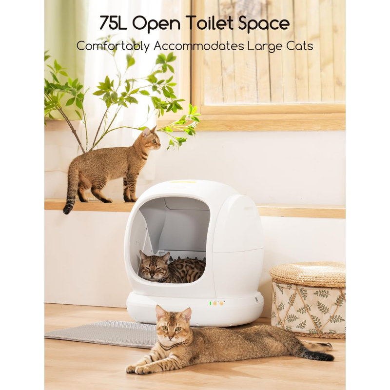 MeoWant Self-Cleaning Cat Litter Box, 75L Extra Large Open Automatic Cat Litter Box for Multi Cats, Integrated Safety Protection/APP Control/Odor Removal Smart Litter Box with Mat & Liner