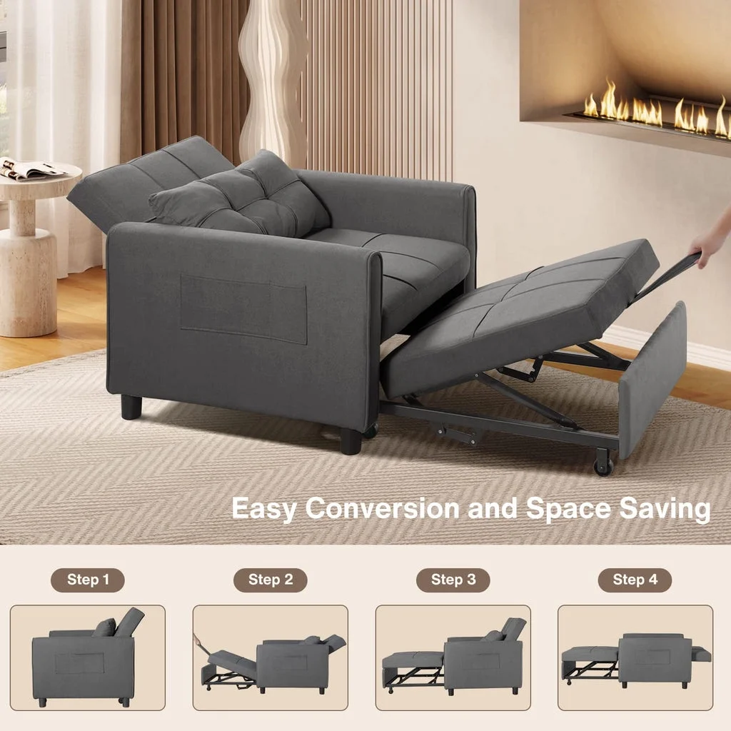 Convertible Sleeper Chair, Aiho 3-in-1 Convertible Sofa Bed Recliner Chair with Pull Out Couch - Dark Gray