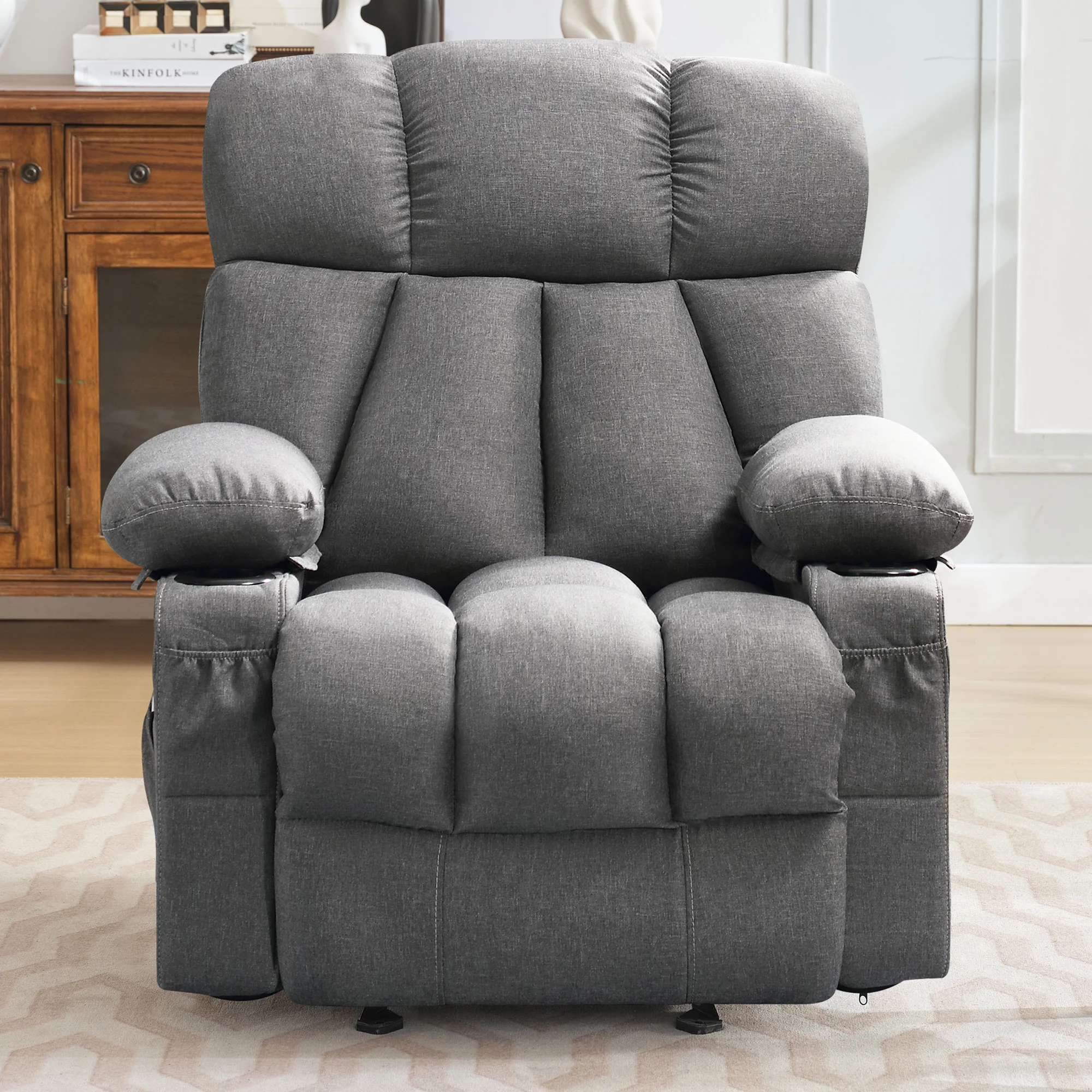 JONPONY Manual Recliner Chair with Heat Therapy and Massage Function, Heavy Duty Reclining Mechanism Massage Chair, Elderly Single Rocker Sofa with Cup Holders for Bedroom Home Theater,Grey