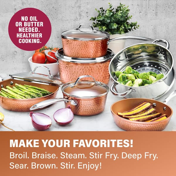 Hammered Copper 10-Piece Aluminum Non-Stick Cookware Set with Glass Lids