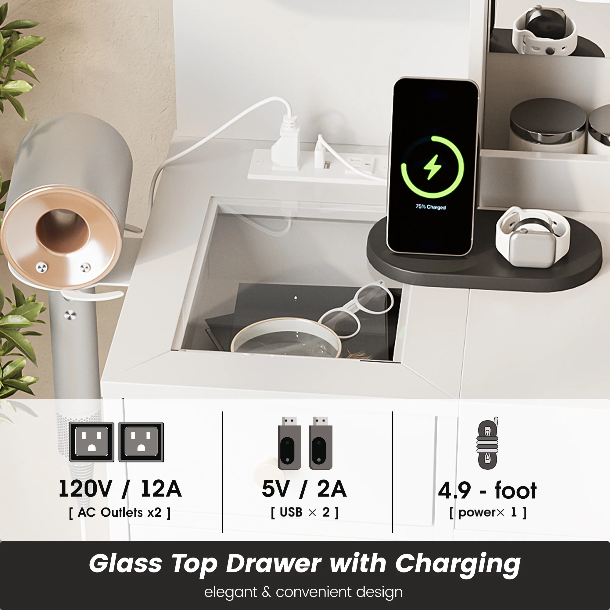 Vanity Set with Mirror and Lights, Makeup Table with Charging Station,5 Drawers & Storage Shelves, White