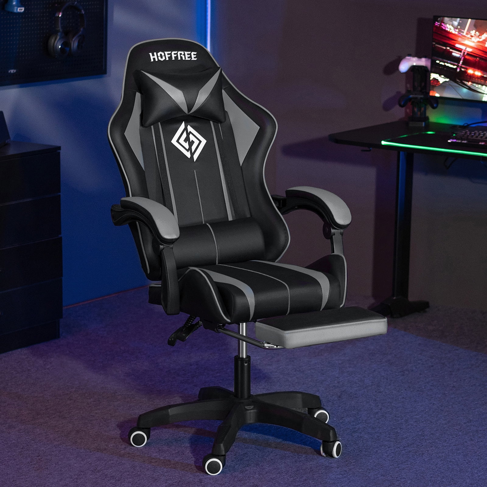 Hoffree Gaming Chair Massage Game Chair with Footrest and Massage Lumbar Support Ergonomic Computer Chair Height Adjustable with Swivel Seat and Headrest