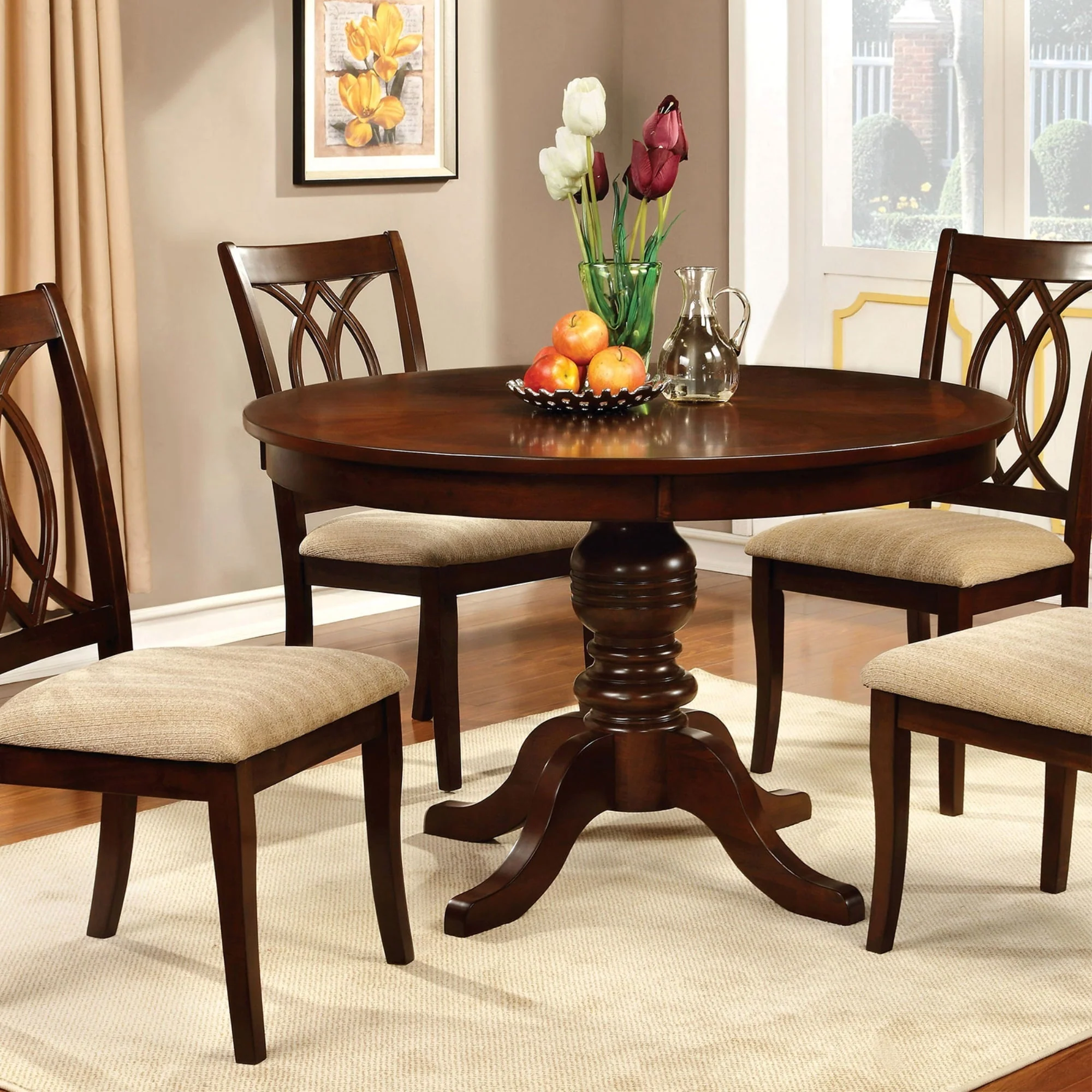 Benjara Round Wooden Dining Table with Pedestal Base, Brown