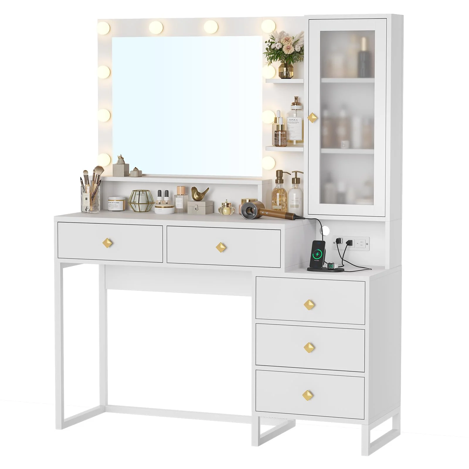 Afuhokles Large Makeup Vanity with Lights, Vanity Table with Charging Station Vanity Desk with Mirror and 10 LED Light Bulbs, 5 Drawers, White