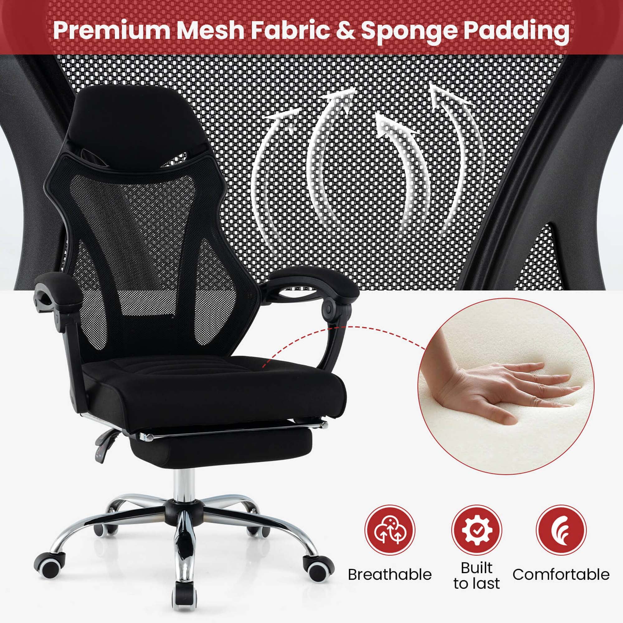 Costway Ergonomic Mesh Office Chair with Footrest Height-Adjustable & Tilting Backrest