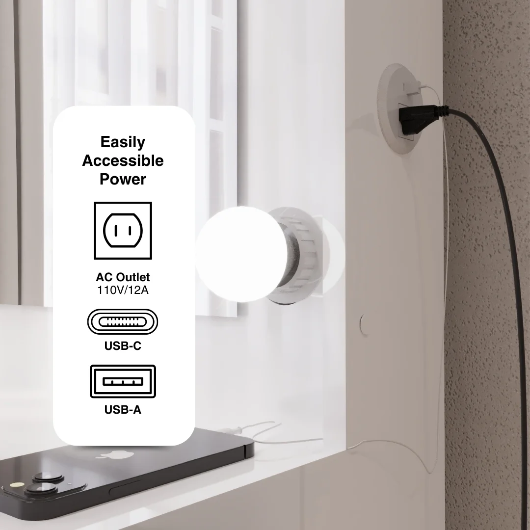 Ember Interiors Ibbie White Makeup Vanity with Glass Top, Lights, Charging Station