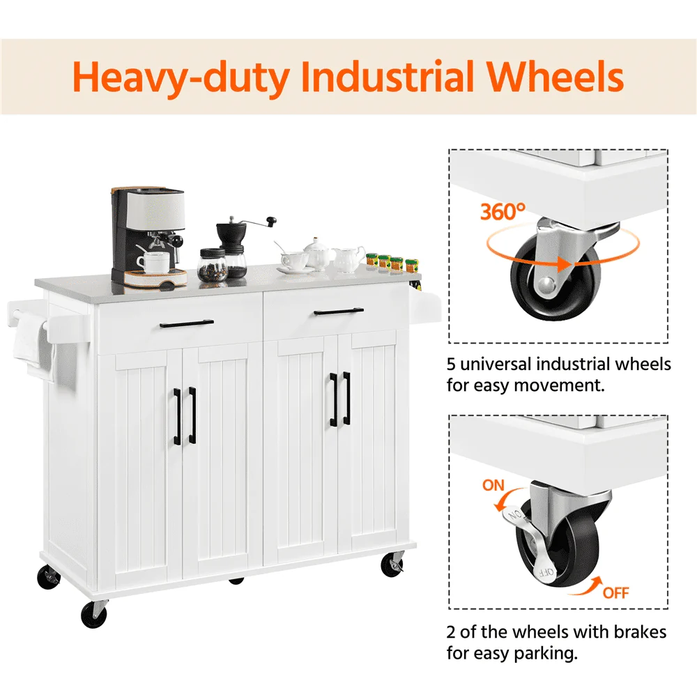 SMILE MART Large Kitchen Island on Wheels with Storage Drawers & Cabinets, White