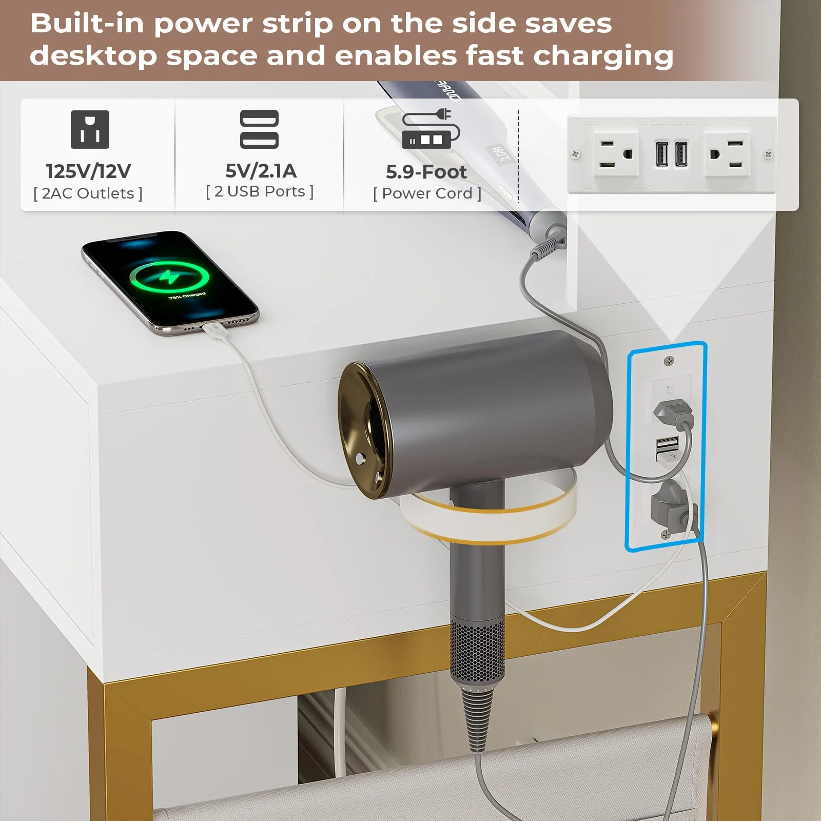 Makeup Vanity Desk with Lighted Mirror & Charging Stations & 6 Drawers Large Vanity Table Bedroom Dressing Table with Glass Tabletop&Side Cabinet&Glass Tabletop, Black