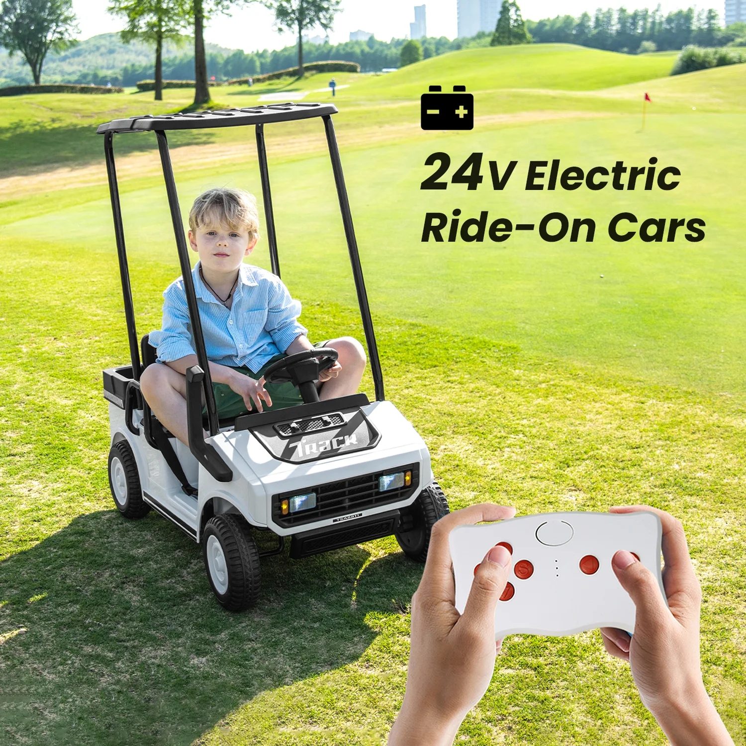 Track Seven 24V Ride on Car, Electric Golf Cart with Ceiling, Ride on Truck with Remote Control, Music, Rear Storage Box, Electric Car for Boys Girls Age 3+, 18.5