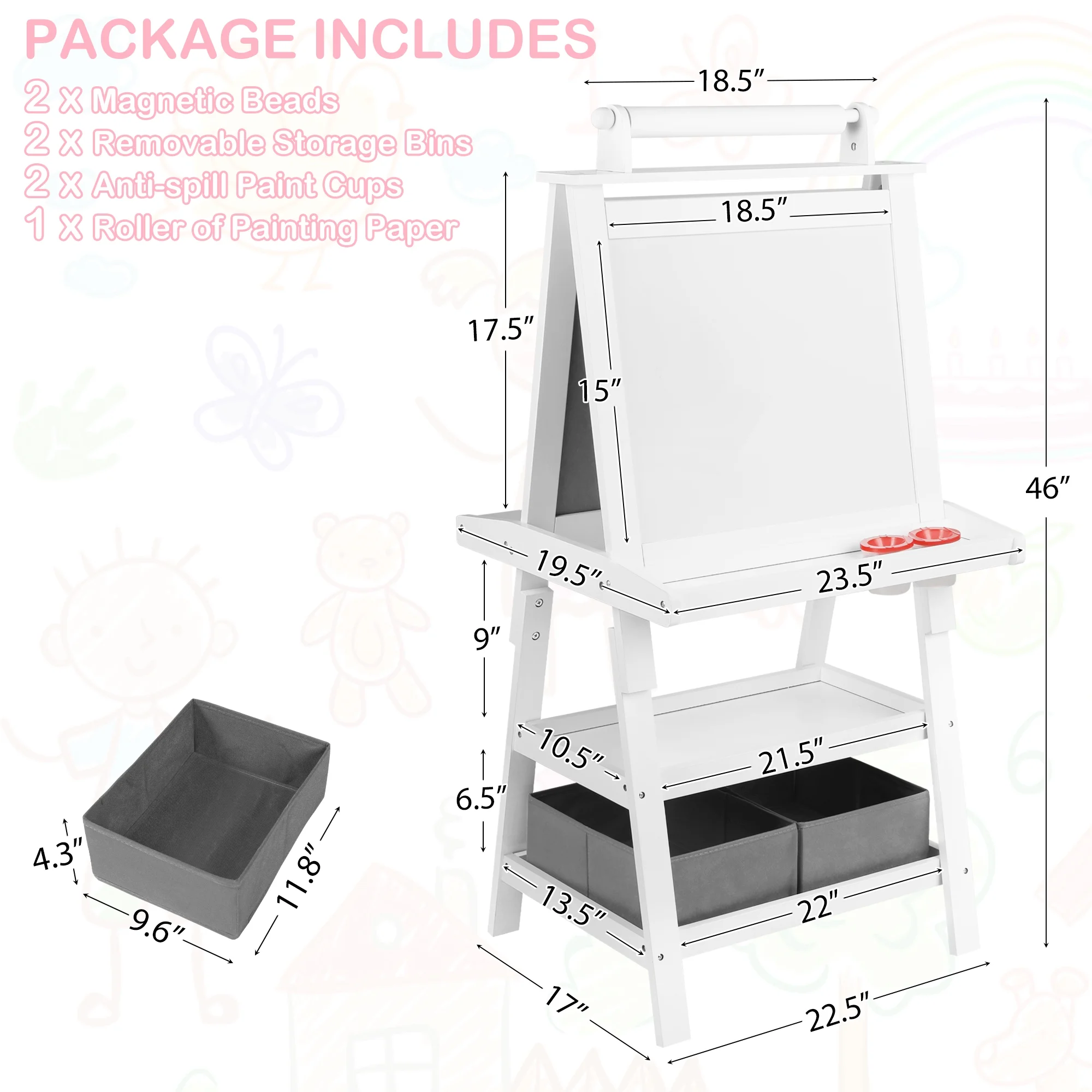 LINLUX 3 in 1 Art Easel for Kid, Whiteboard for Kid with Stand, Magnetic Chalkboard Pizarra, Grey