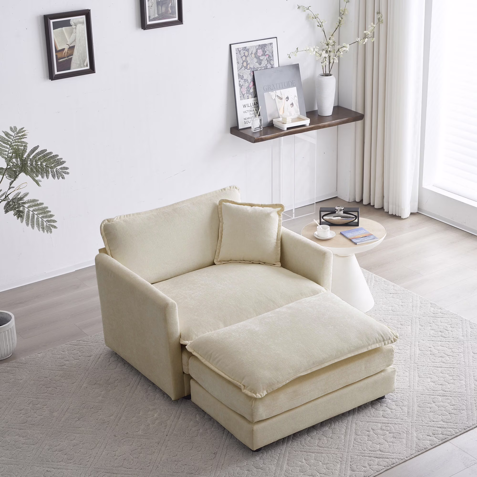 Comfy Deep Seat Sofa Chair, Upholstered Chenille Fabric Armchair with Toss Pillow for Living Room, Bedroom - Beige, Sturdy Wood Frame, 22+ Combination Options