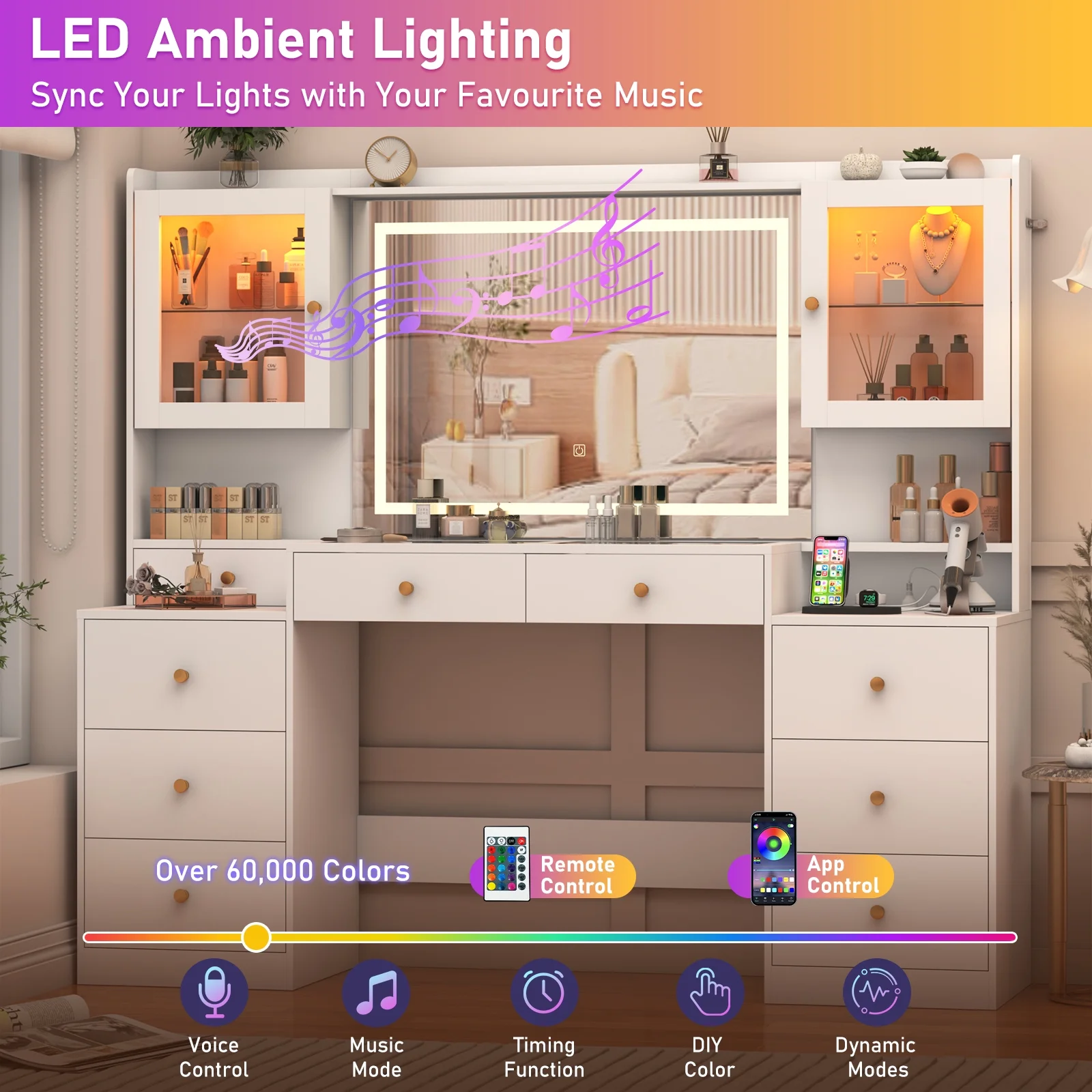 ChVans 62'' Large Vanity Desk with Tempered Glass Top, 60000-color LED Lights, Charging Station, White Makeup Vanity with 3 Lights Mode LED Mirror, 9 Drawers, 2 RGB cabinets for Women, Girls Gift