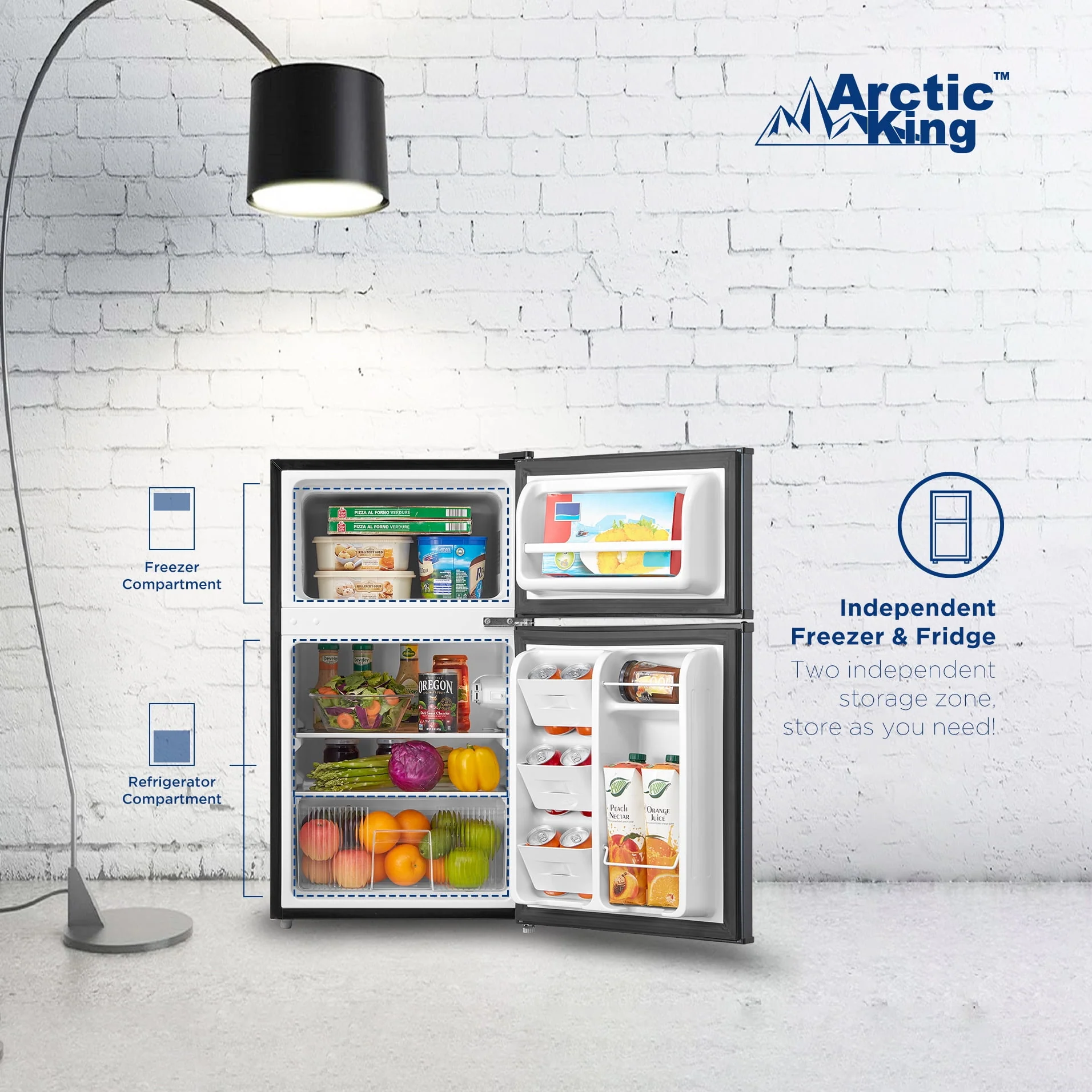Arctic King 3.2 Cu ft Two Door Mini Fridge with Freezer, Stainless Steel, E-Star, ARM32D5ASL