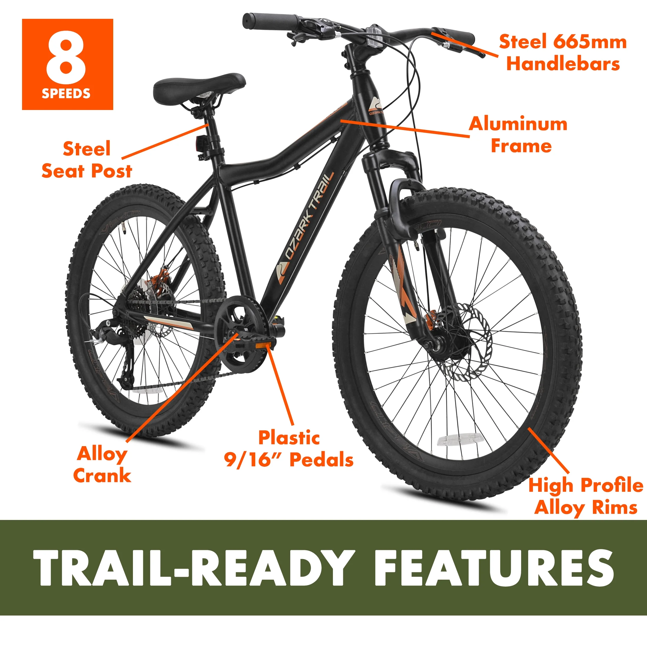 Trail 24 in. Youth Glide Aluminum Mountain Bicycle, 8 Speeds, Front Suspension, Black