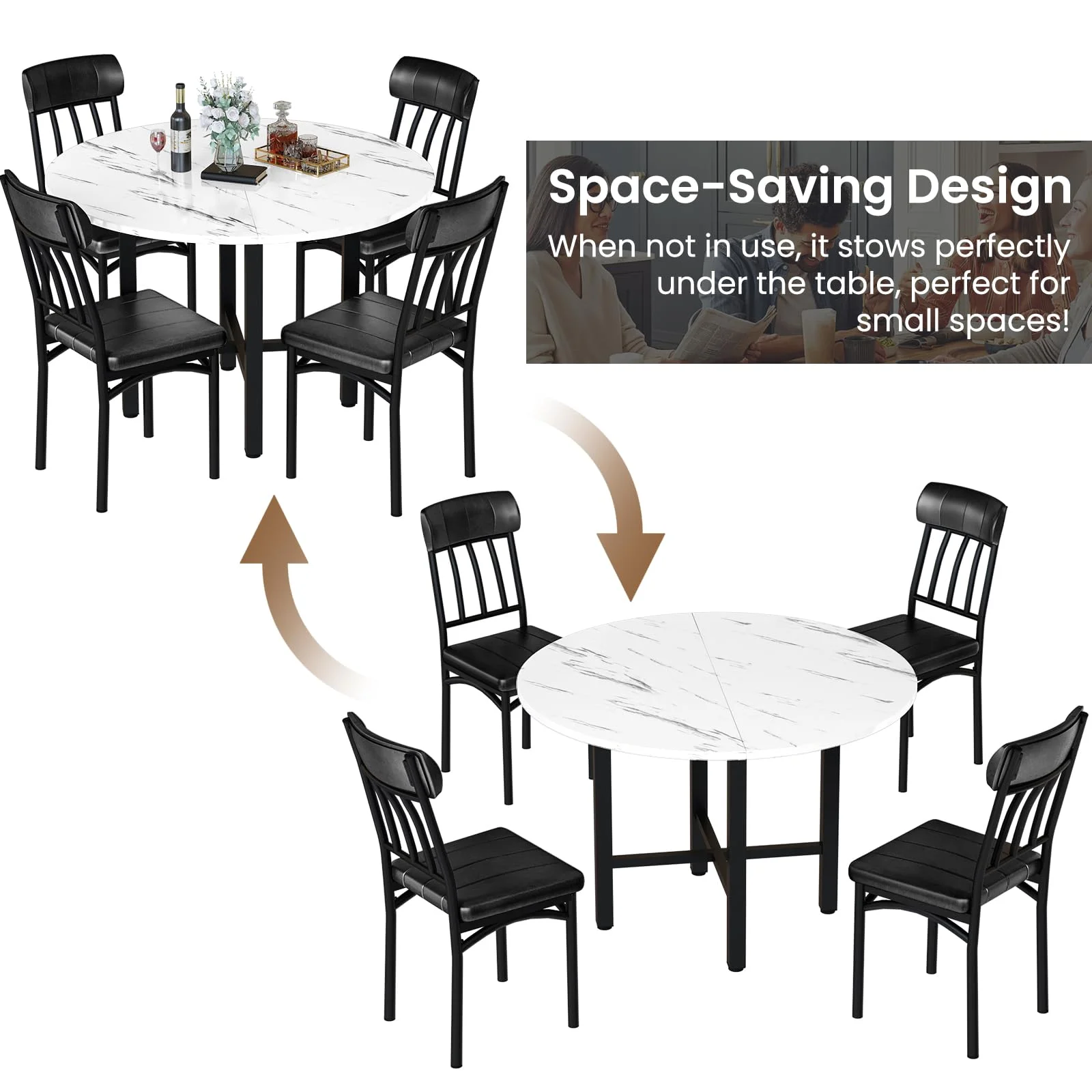 Furlinkhm Round Dining Table Set for 4, Wood Round Kitchen Table and Chairs Set for 4, Modern Dining Room Table Set with 4 Faux Leather Chairs, Round Dinner Table for Small Space, Walnut