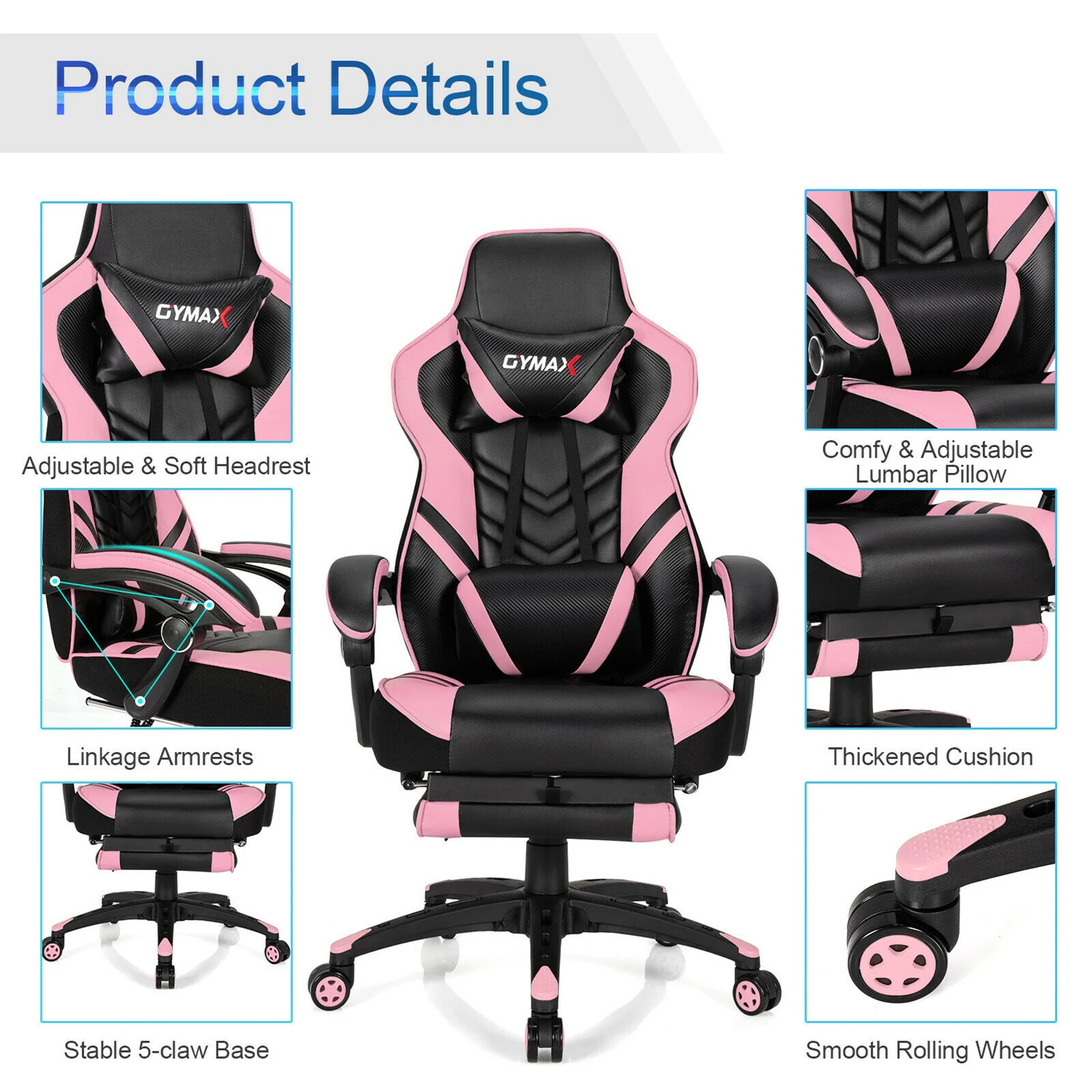 Gymax Office Computer Desk Chair Gaming Chair Adjustable Swivel w/Footrest Pink