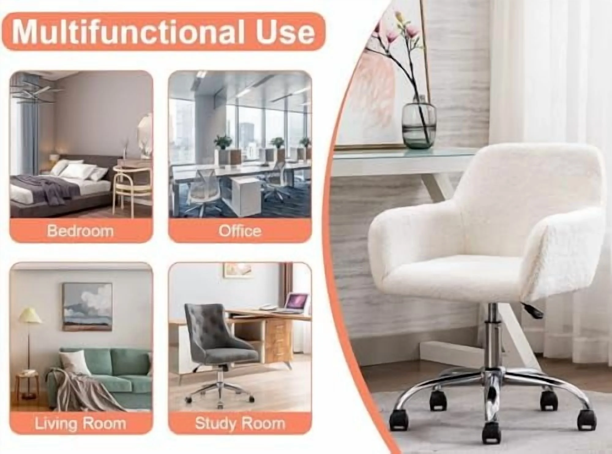 Modern Faux Fur Home Office Chair Height Adjustable, White Desk Chair Vanity Chair for Makeup Room, Rolling Desk Chairs with Wheels, Swivel Furry Cute Desk Chair for Teen Girls Women