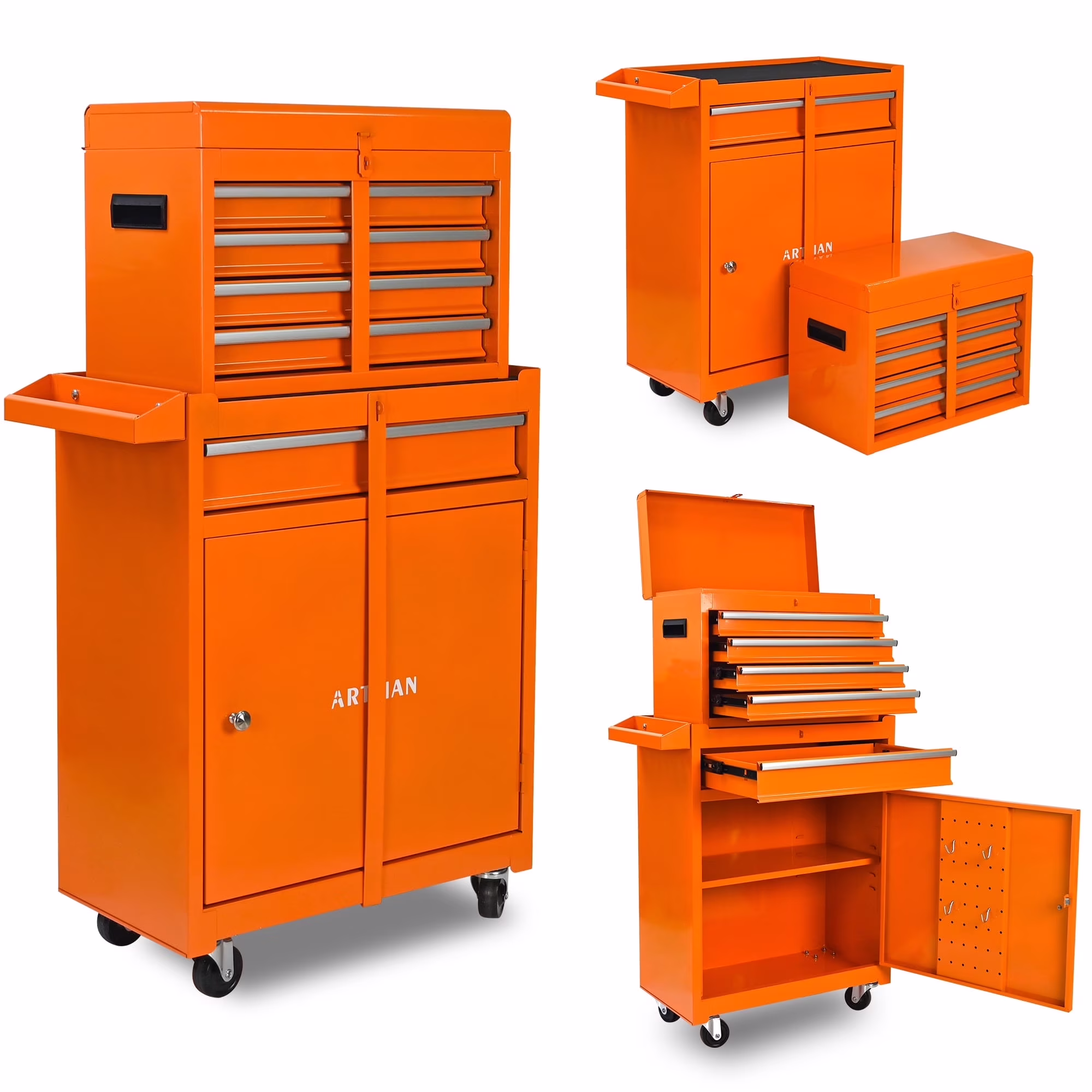Tool Chest, 5-Drawer Rolling Tool Storage Cabinet with Detachable Top Tool Box, Universal Lockable Wheels