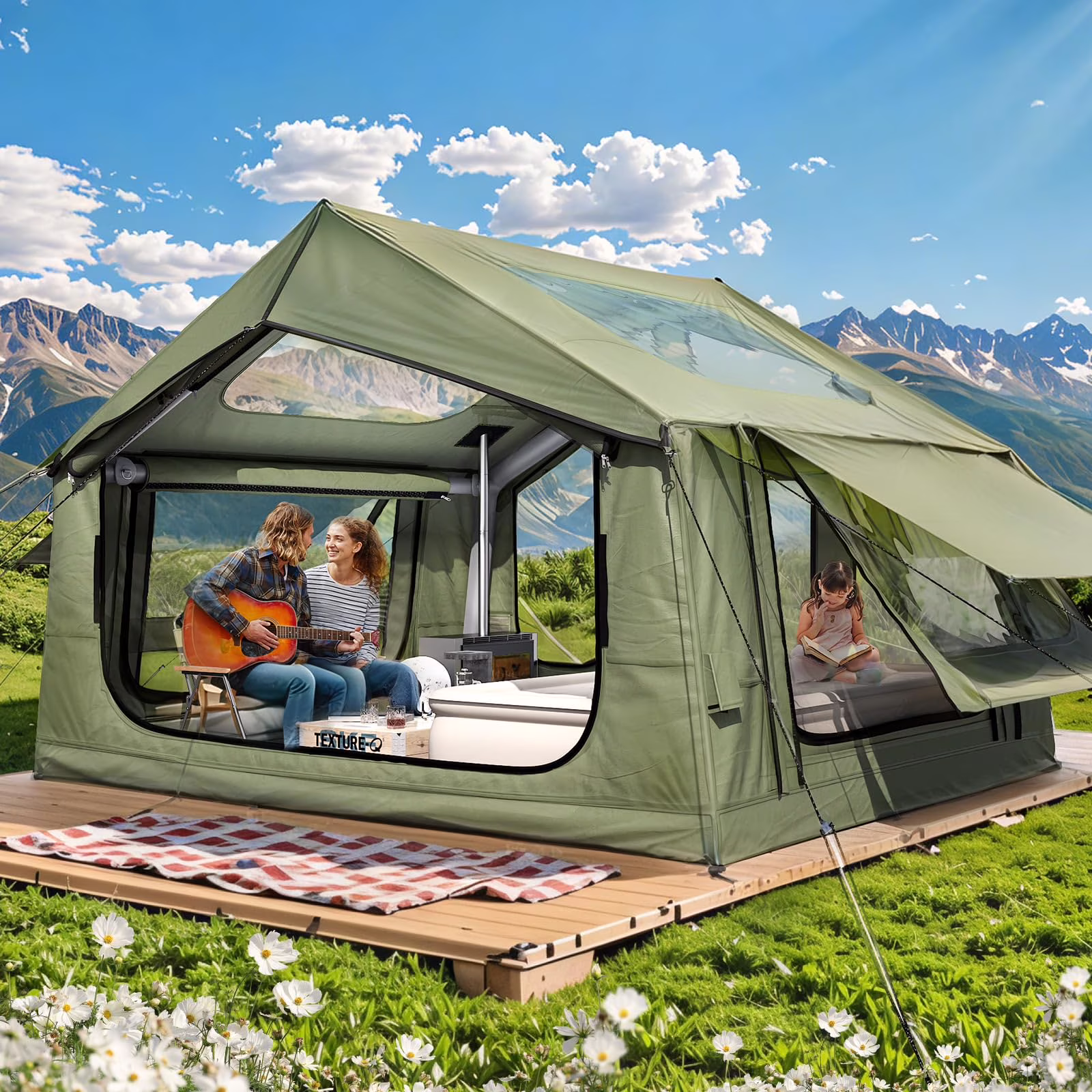 Yoleny 12'x8' Inflatable Tent, 96 SFT Blow Up Tent for Camping, 4 Season Oxford Glamping Tents with Clear Skylight, Pump & Stove Jack