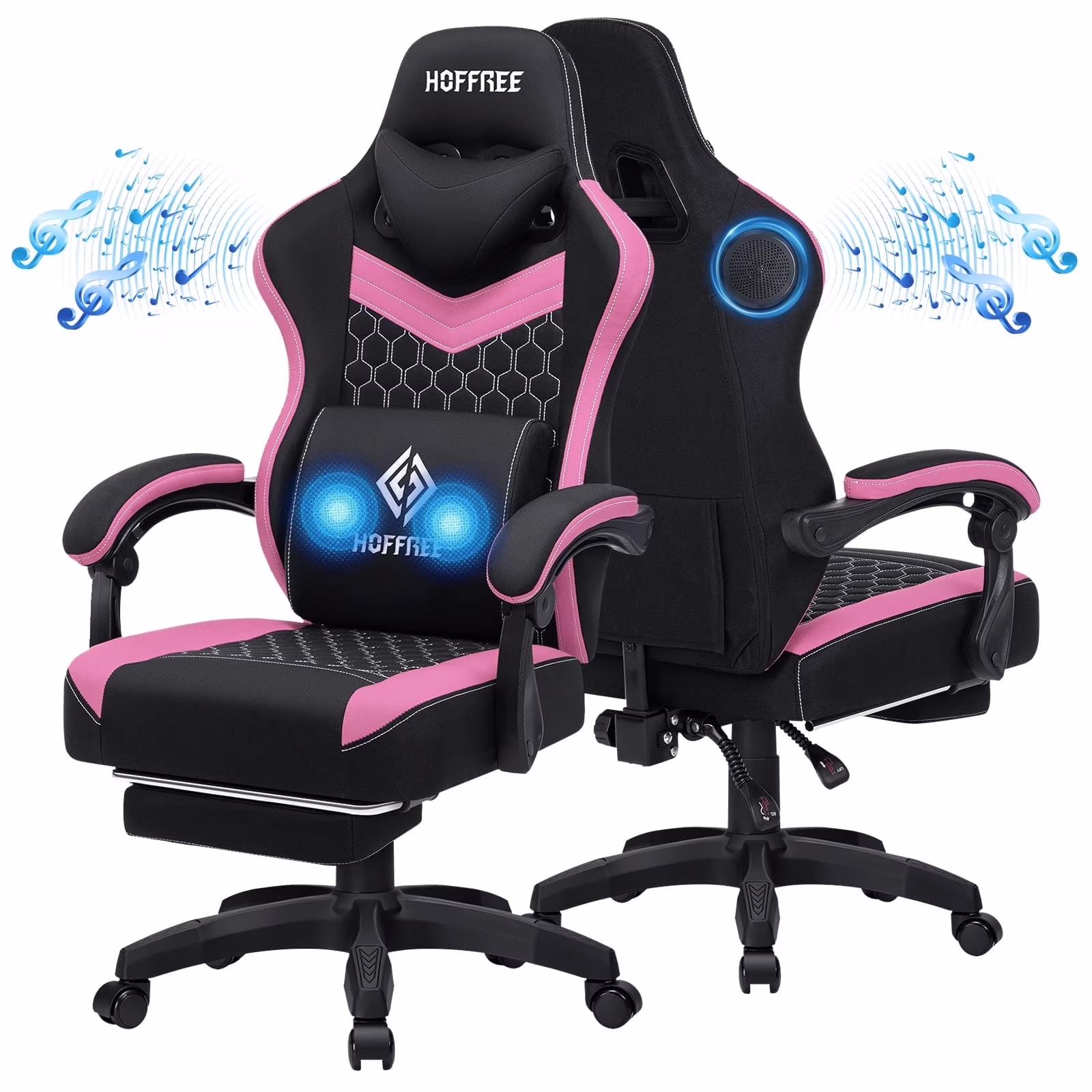 Hoffree Gaming Chair with Speakers Fabric Gamer Chair with footrest and massage Big and Tall Video Game Chair with Headrest and Lumbar Support for Adults