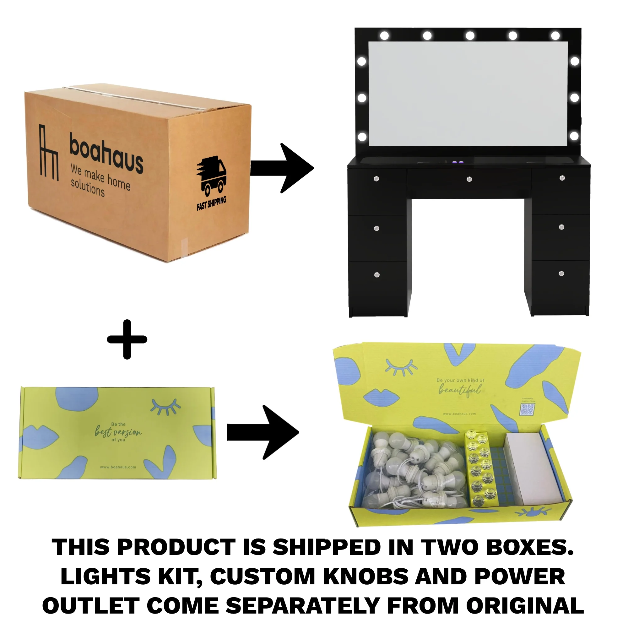 Ember Interiors Ibbie White Makeup Vanity with Glass Top, Lights, Charging Station