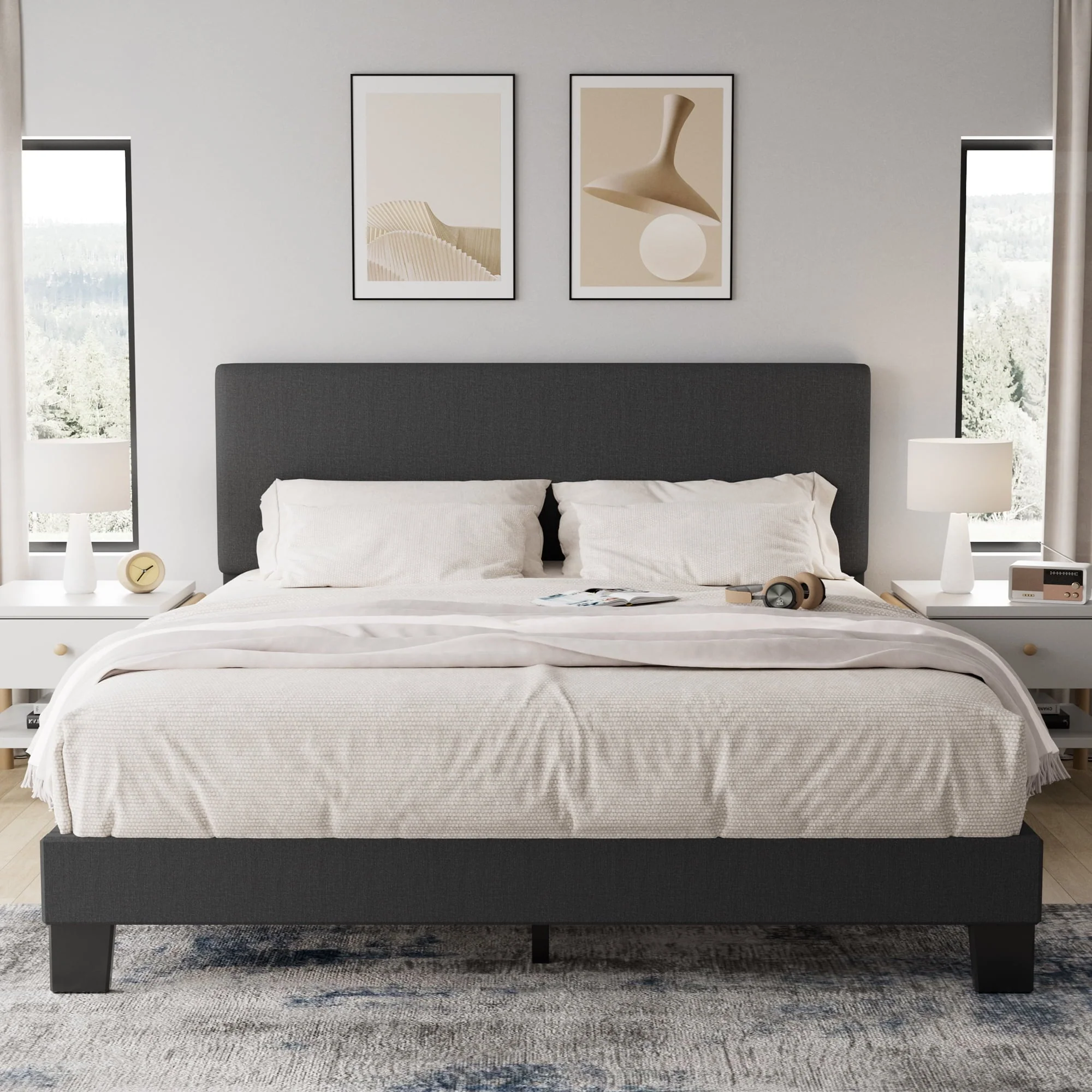 Lifezone Queen Size Dark Gray Upholstered Bed with Adjustable Headboard, Fabric Platform Bed Frame