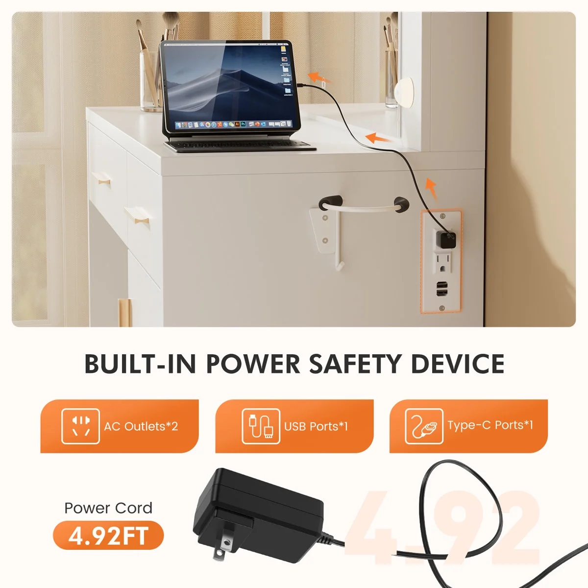 Blorly White Vanity Desk with Mirror, Makeup Vanity Table with LED Lights and Power Outlet, 3 Drawer, 4 Shelves, 1 Cabinet