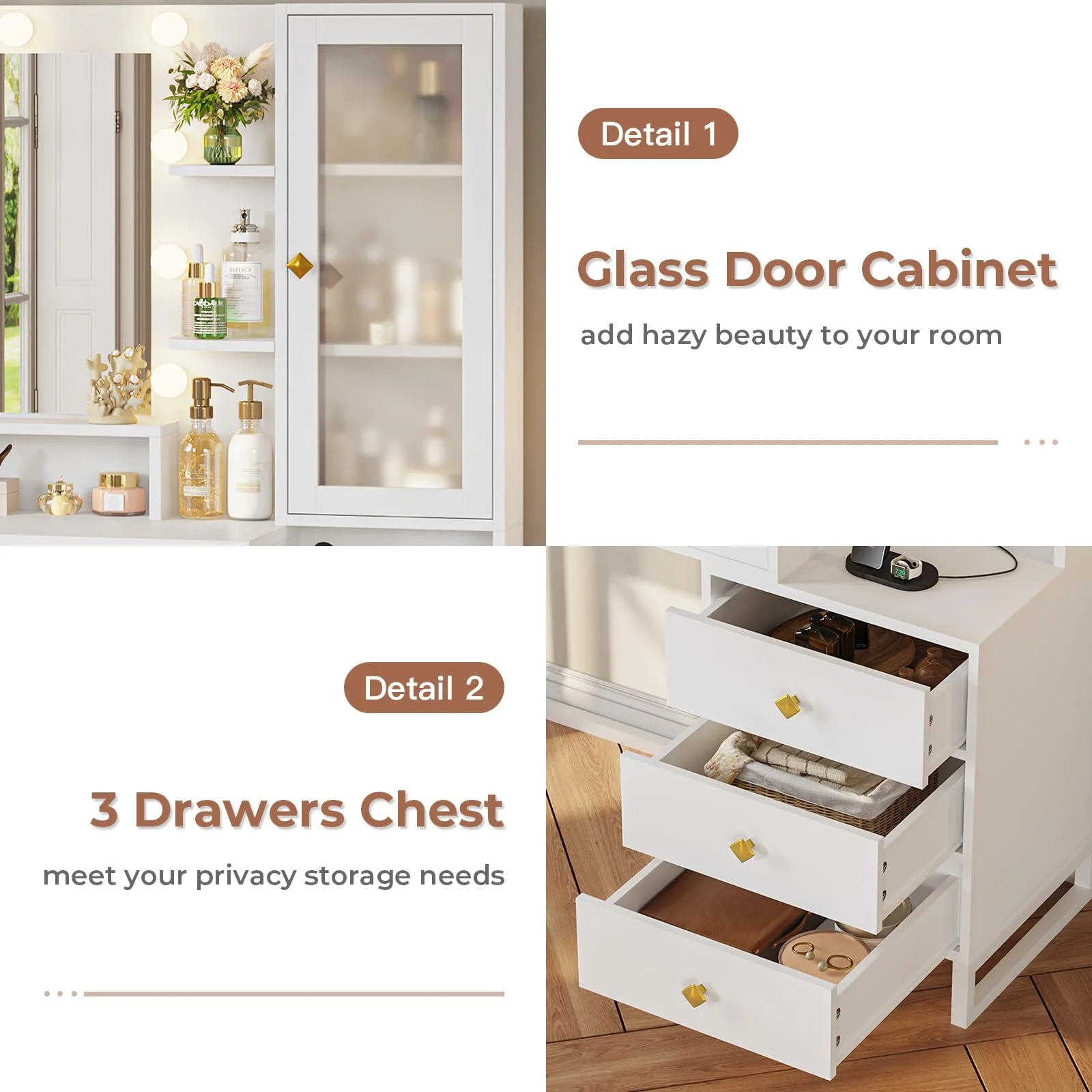 Afuhokles Large Makeup Vanity with Lights, Vanity Table with Charging Station Vanity Desk with Mirror and 10 LED Light Bulbs, 5 Drawers, White