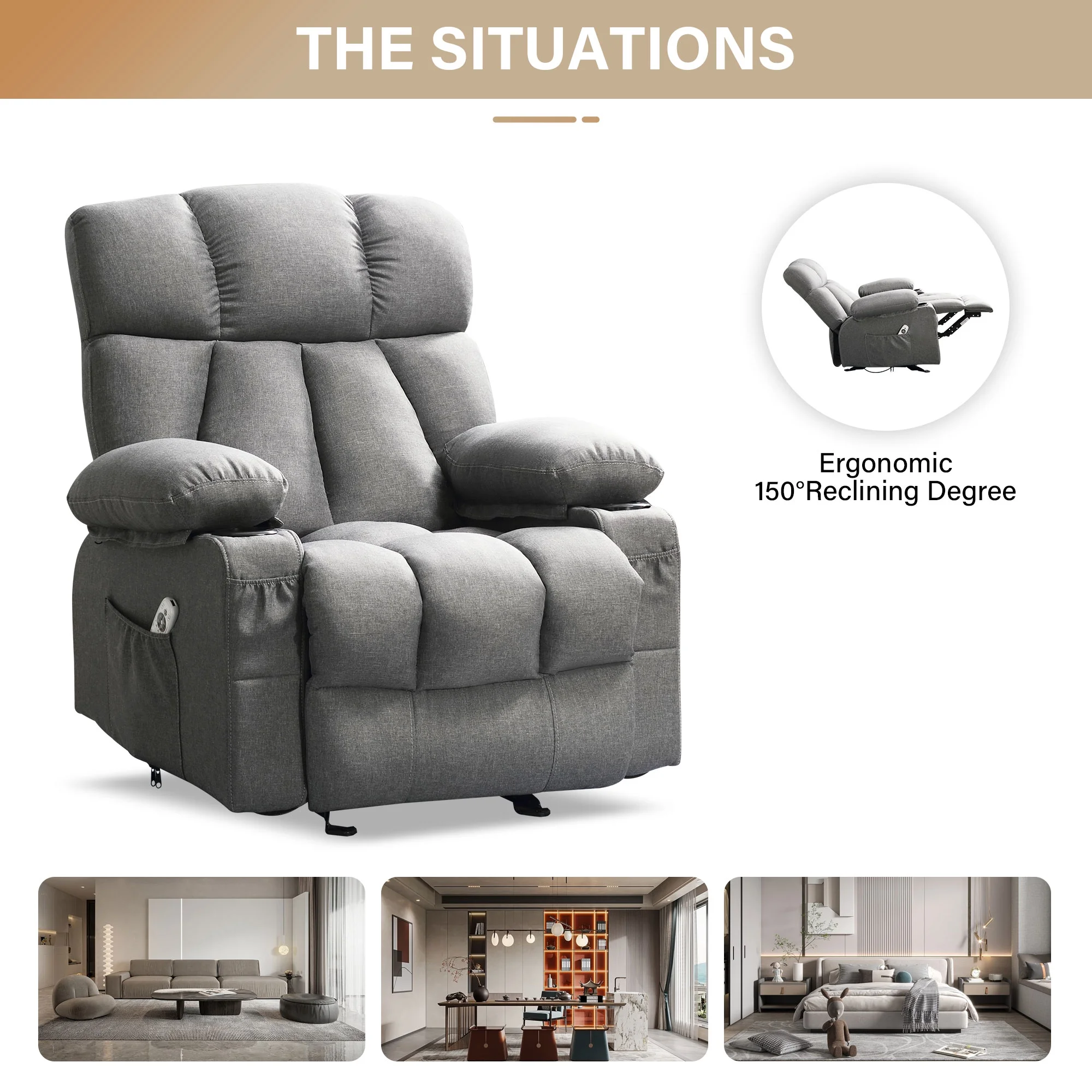JONPONY Manual Recliner Chair with Heat Therapy and Massage Function, Heavy Duty Reclining Mechanism Massage Chair, Elderly Single Rocker Sofa with Cup Holders for Bedroom Home Theater,Grey