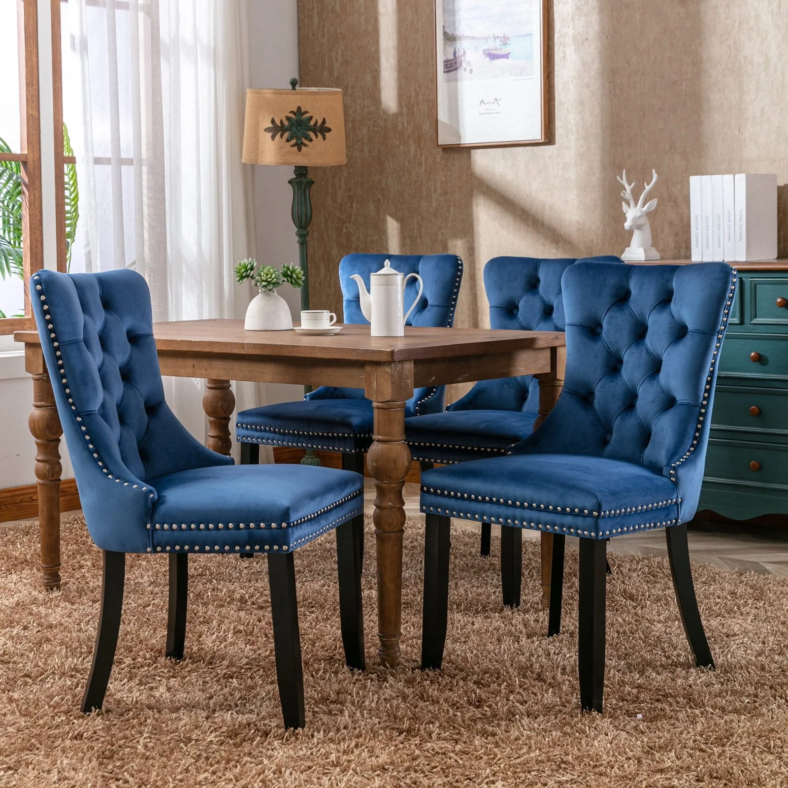 Elegant Button Tufted Dining Chairs, High-end Velvet Upholstered Dining Chairs with Nailhead Back and Ring Pull Trim, Solid Wood Dining Chairs for Kitchen Bedroom Dining Room (Blue,Set of 4)