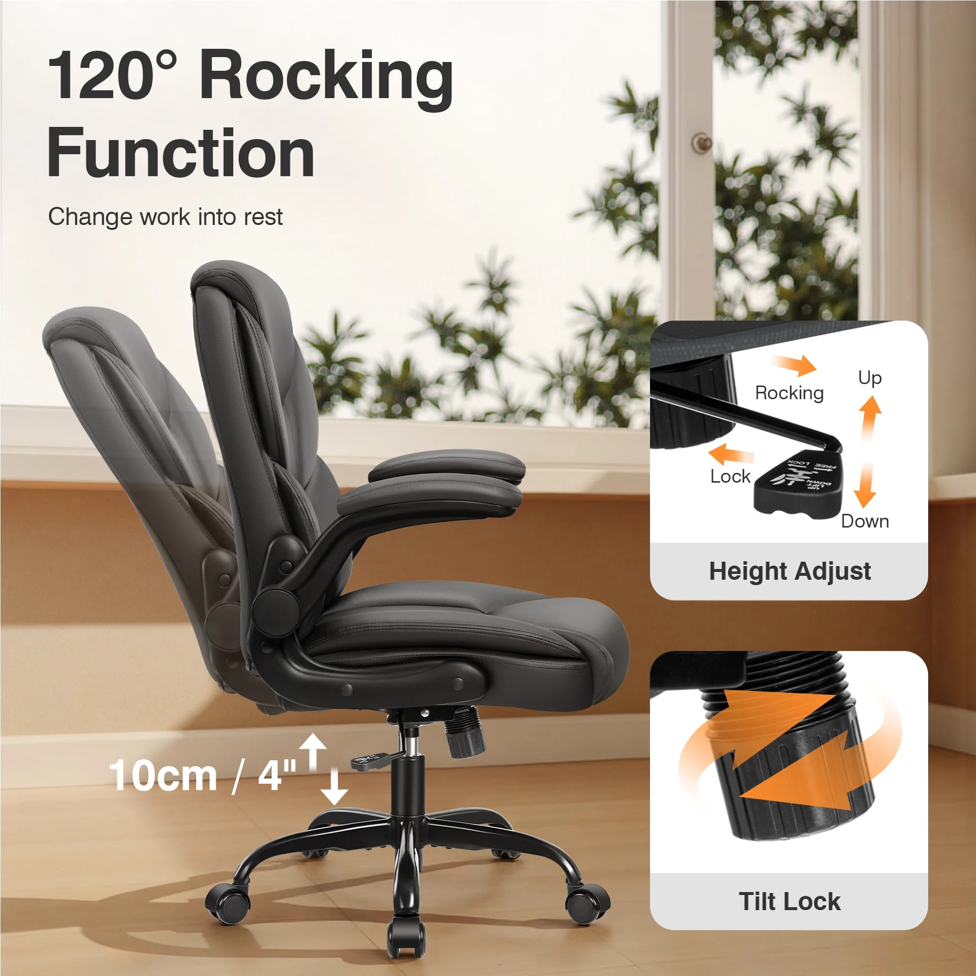 Primy Compact PU Leather Office Chair - Ergonomic Adjustable Height Computer Desk Chair with Flip-Up Armrests, Mid-Back Executive Swivel Chair on Wheels for Small Spaces & Petite Users, Black