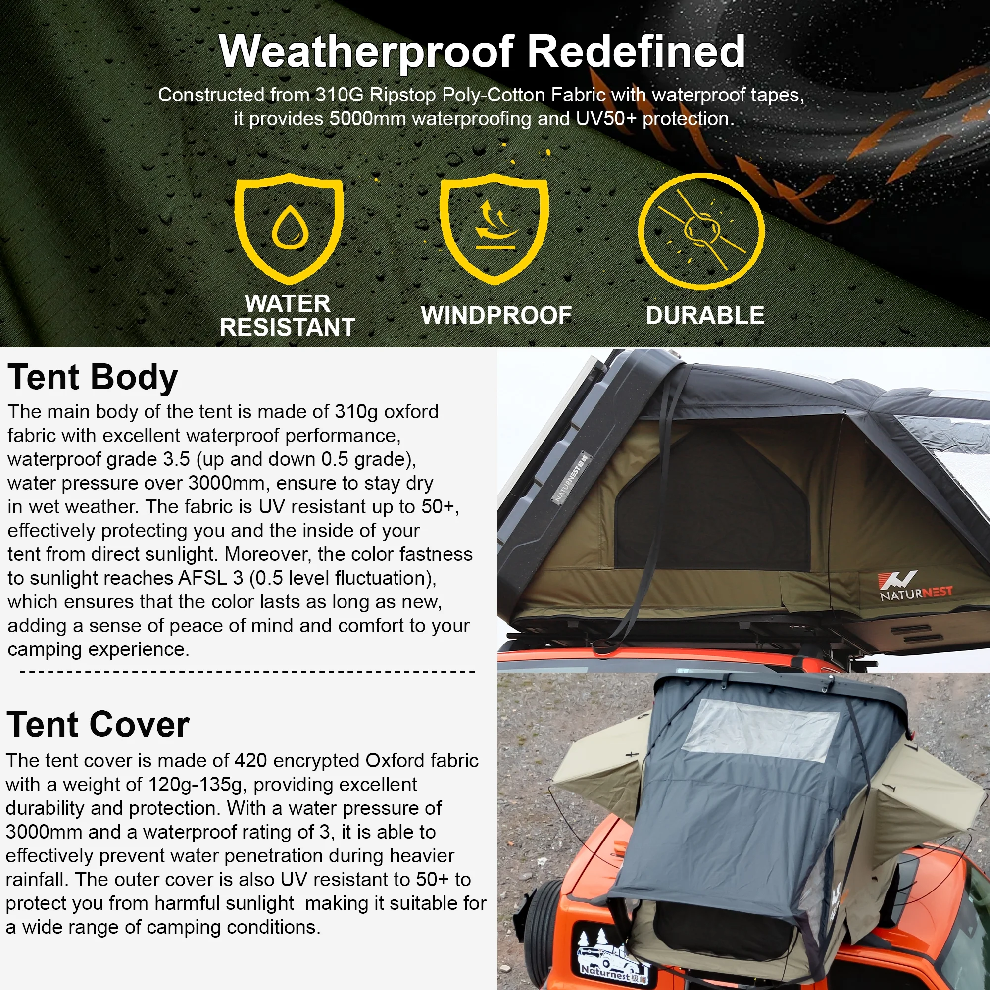 Naturnest Rooftop Tent Hard Shell, Easy Set Up Pop Up Large Tent for 2-3 Person Camping, Waterproof Windproof UV-Resistant Blackout 4 Season Tents for Truck, Jeep, SUV, Van, Trailer - Sirius 1 Plus