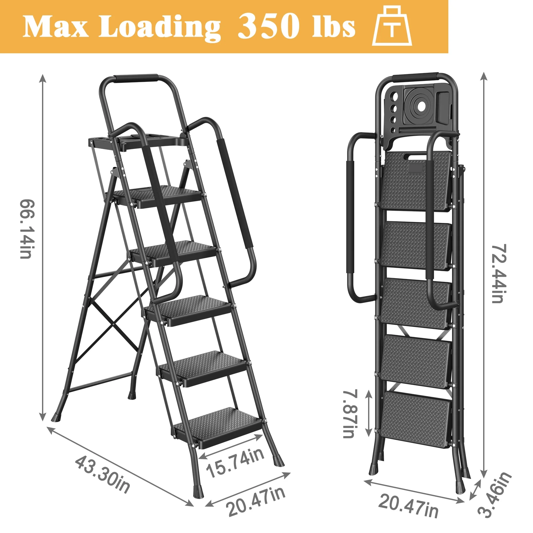 JOZ 5-Step Ladder, 350lbs Portable Folding Ladders for Home, with Handrails and Tool Tray and Anti-Slip Pedal, Black