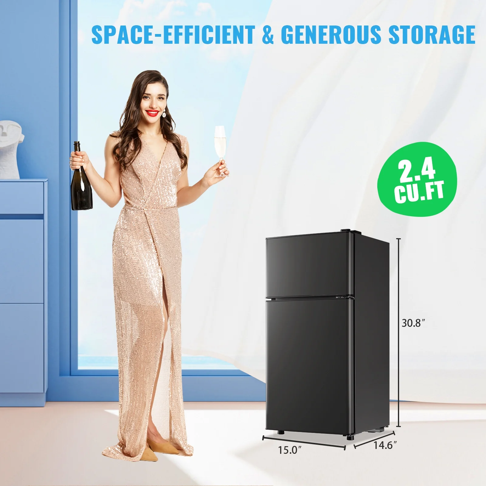 DEMULLER 2.4 Cu.ft Refrigerator Mini Fridge with Freezer Dual Door Personal Fridge New Silver Sale