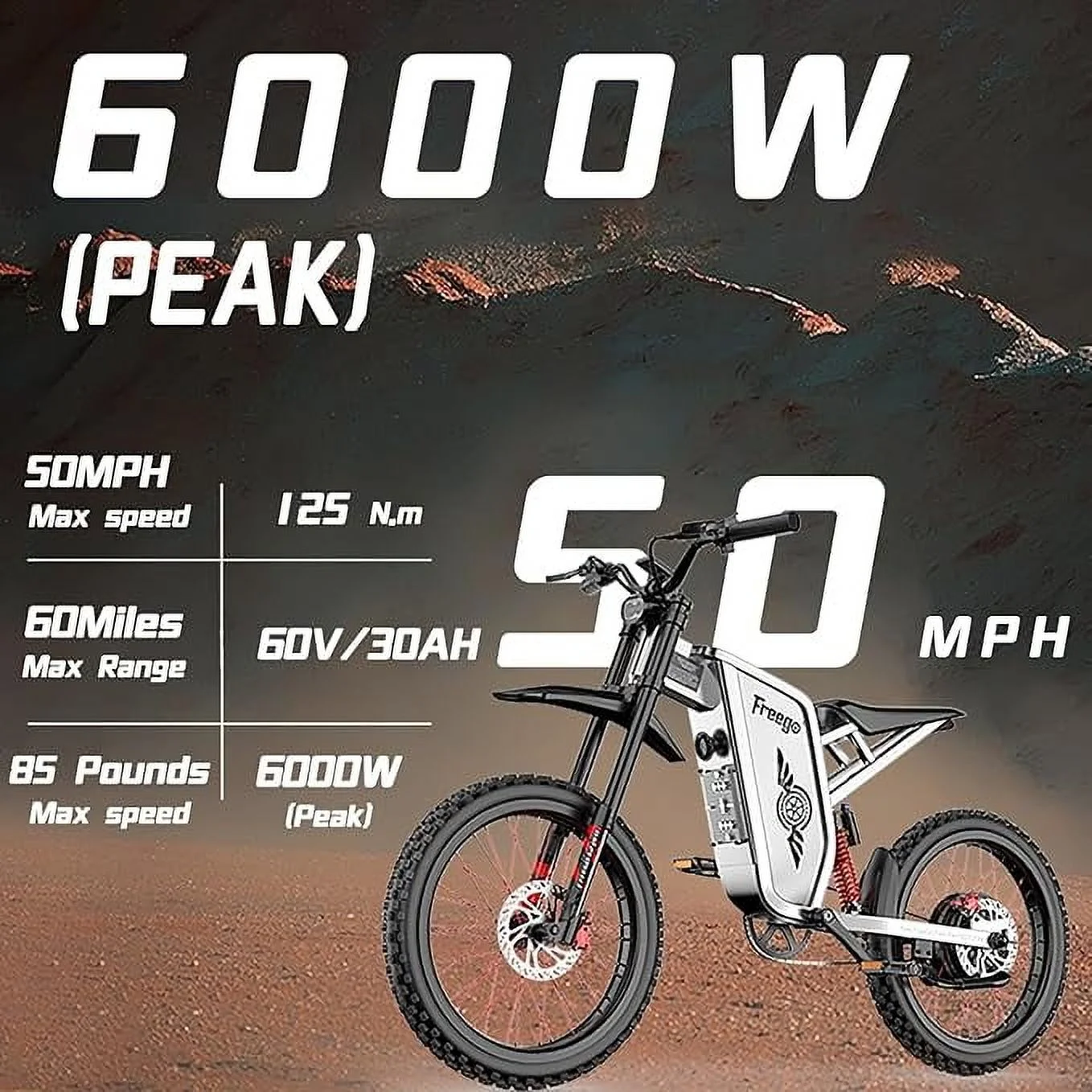 Freego X2PRO Electric Dirt Bike for Adults, Electric Motorcycle 6000W(Peak) Motor 60V 30Ah Battery, 7 Speed 28MPH Off Road Electric Bicycle, 19x2.75 Tire Full Suspension, Grey