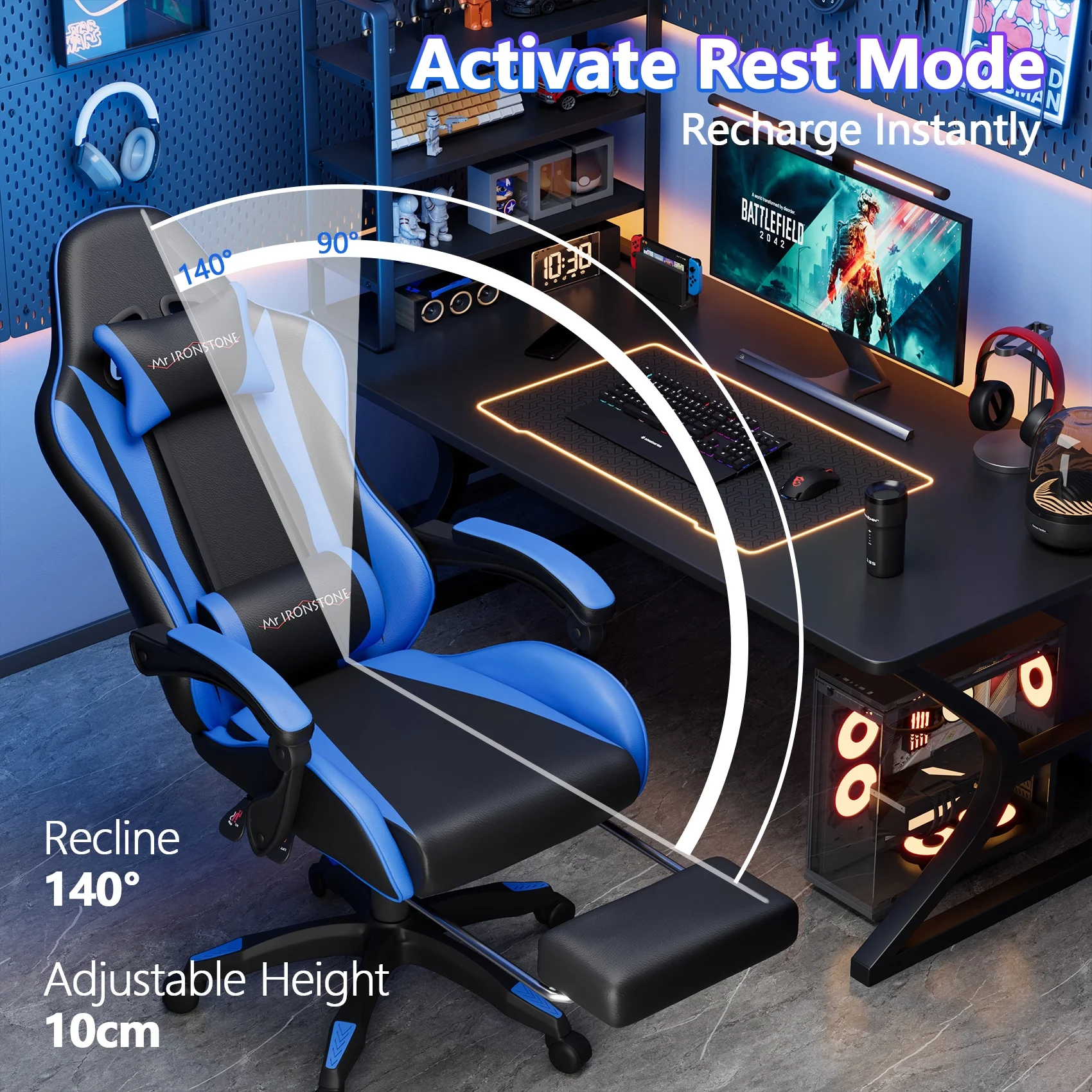 Mr IRONSTONE Office Gaming Chair with Footrest & Lumbar Support, Ergonomic Adjustable Computer Chair with Swivel Seat & Headrest, Blue