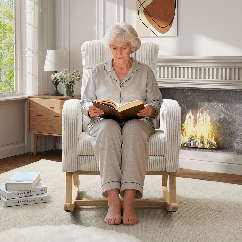 FFH Rocking Chair Nursery, Tufted Accent Rocker Chair, Upholstered Armchair with Adjustable Footrest, Side Pocket, High Backrest, Padded Seat, Polyester Blend (Retro, Dark Gray)