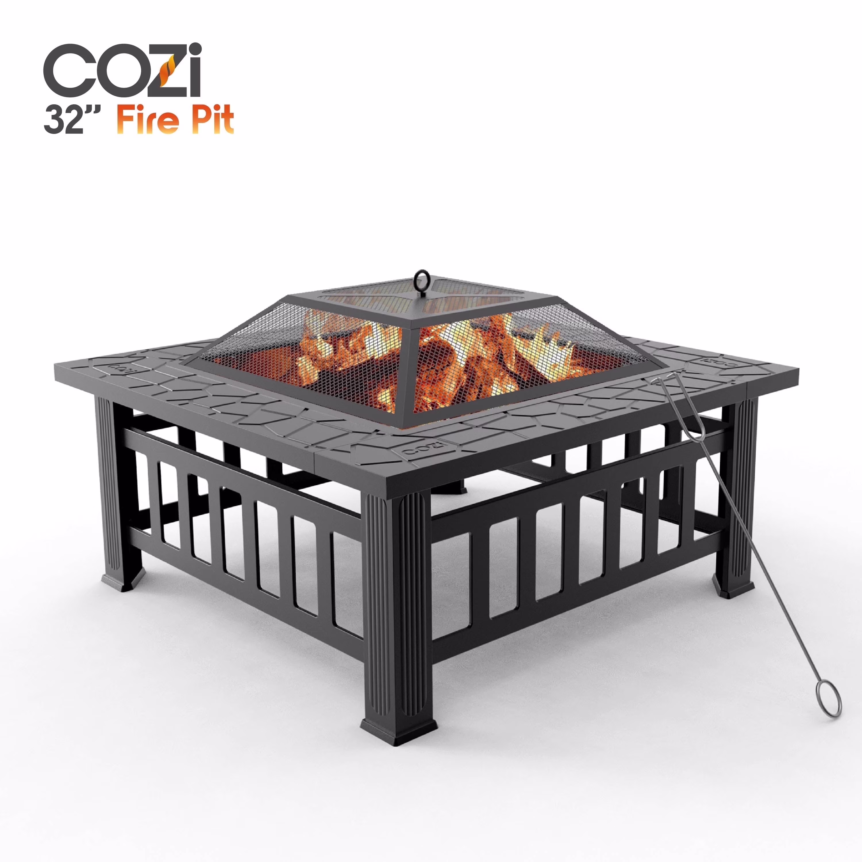 Cozi Outdoor Square Fire Pit Table with BBQ Grill for Camping and Outdoor Decor, 32��