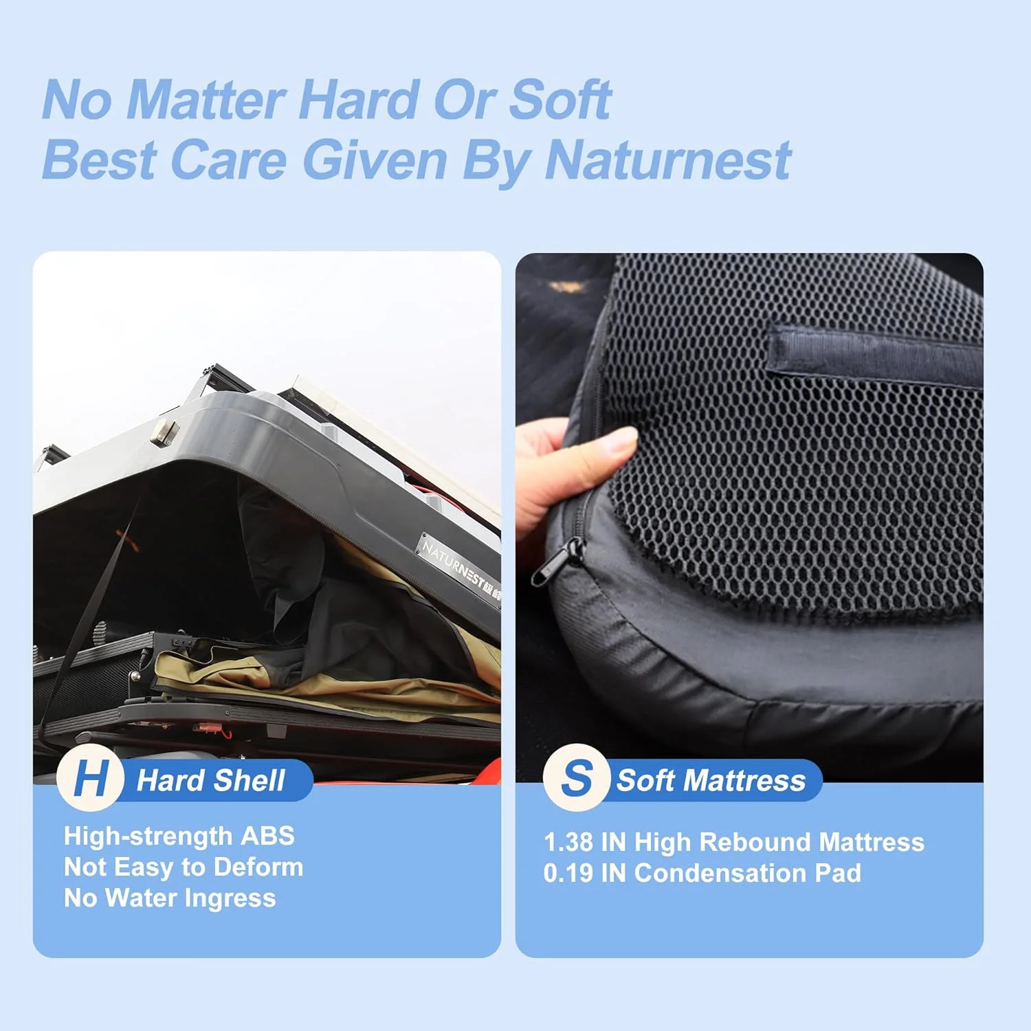 Naturnest Rooftop Tent Hard Shell, Easy Set Up Pop Up Large Tent for 2-3 Person Camping, Waterproof Windproof UV-Resistant Blackout 4 Season Tents for Truck, Jeep, SUV, Van, Trailer - Sirius 1 Plus