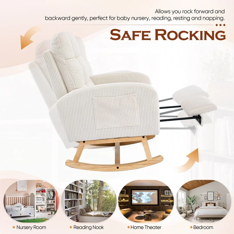 FFH Rocking Chair Nursery, Tufted Accent Rocker Chair, Upholstered Armchair with Adjustable Footrest, Side Pocket, High Backrest, Padded Seat, Polyester Blend (Retro, Dark Gray)