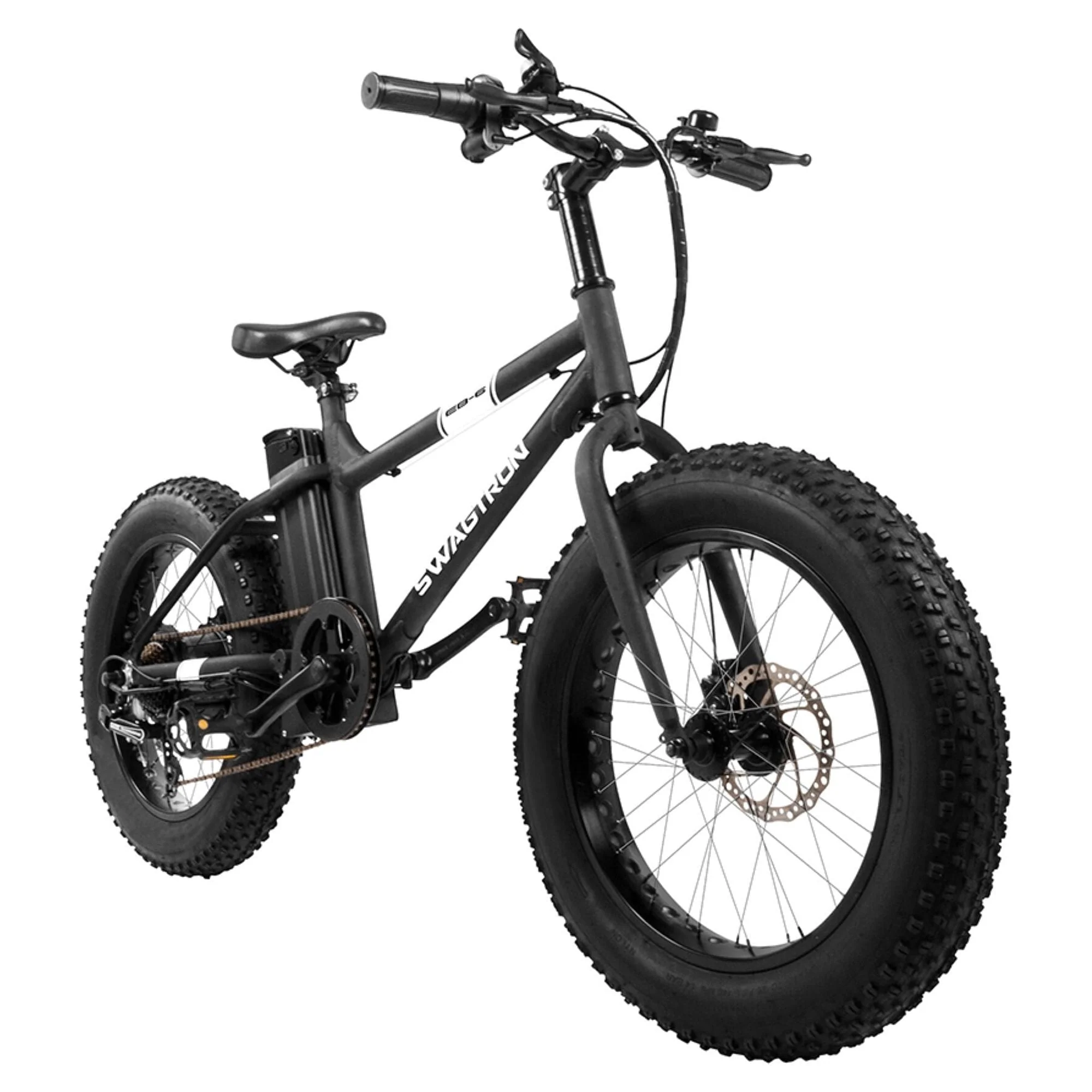 Swagtron EB6 Electric Bike Black 350W Motor Power Assist 4 In. Tires 20 In. Wheels Removable 36 V Battery Dual Disc Brakes 7 Speed Shimano SIS Shifting For Trail Riding
