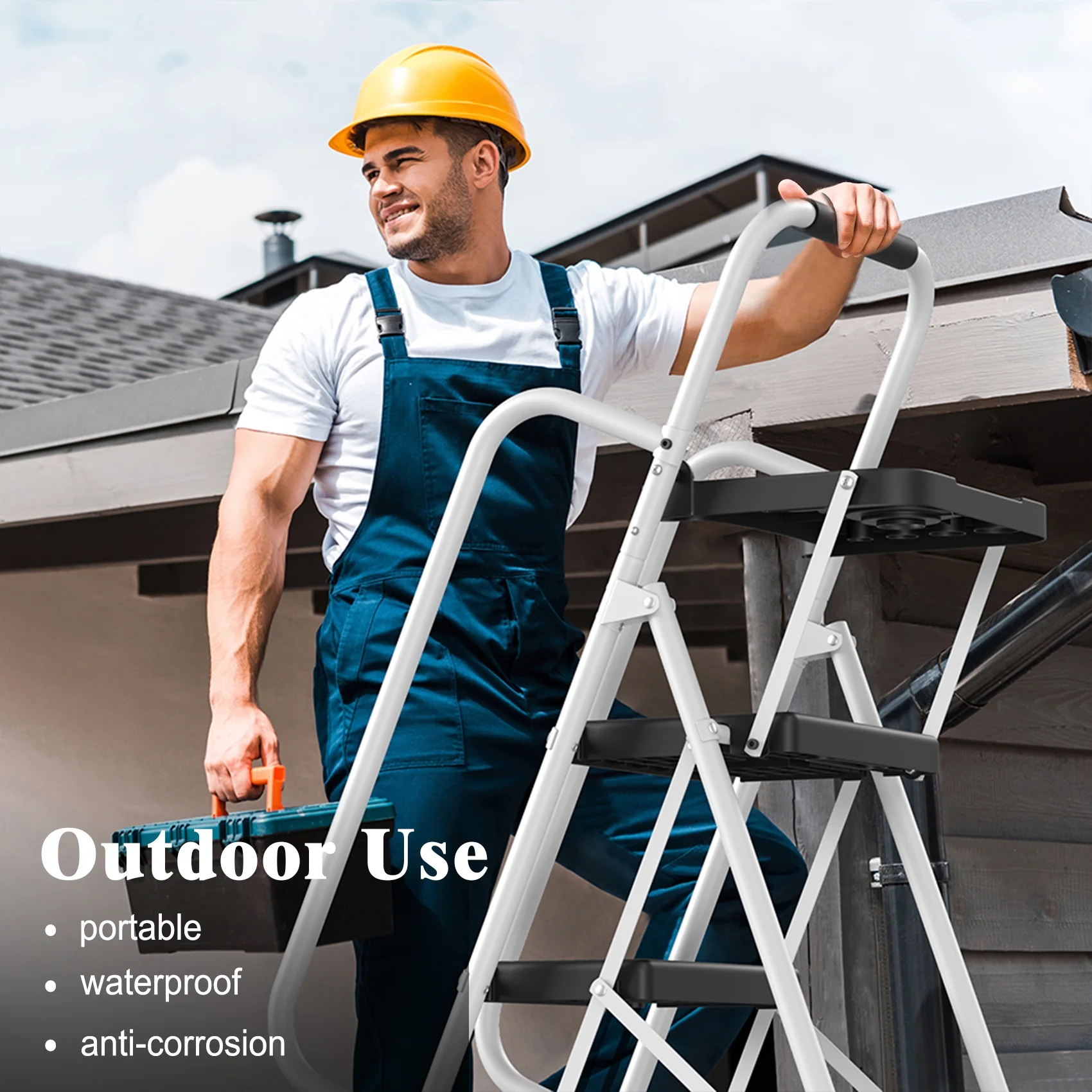 JOZ 5-Step Ladder, 350lbs Portable Folding Ladders for Home, with Handrails and Tool Tray and Anti-Slip Pedal, Black