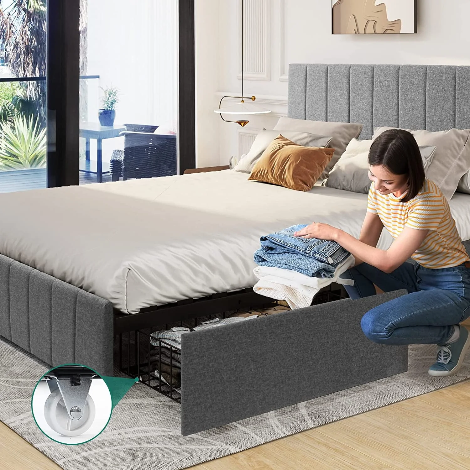 Dextrus Upholstered Platform Bed Frame with 4 Storage Drawers and Adjustable Headboard, Mattress Foundation with Sturdy Wood Slat Support, No Box Spring Needed, Grey(Queen)