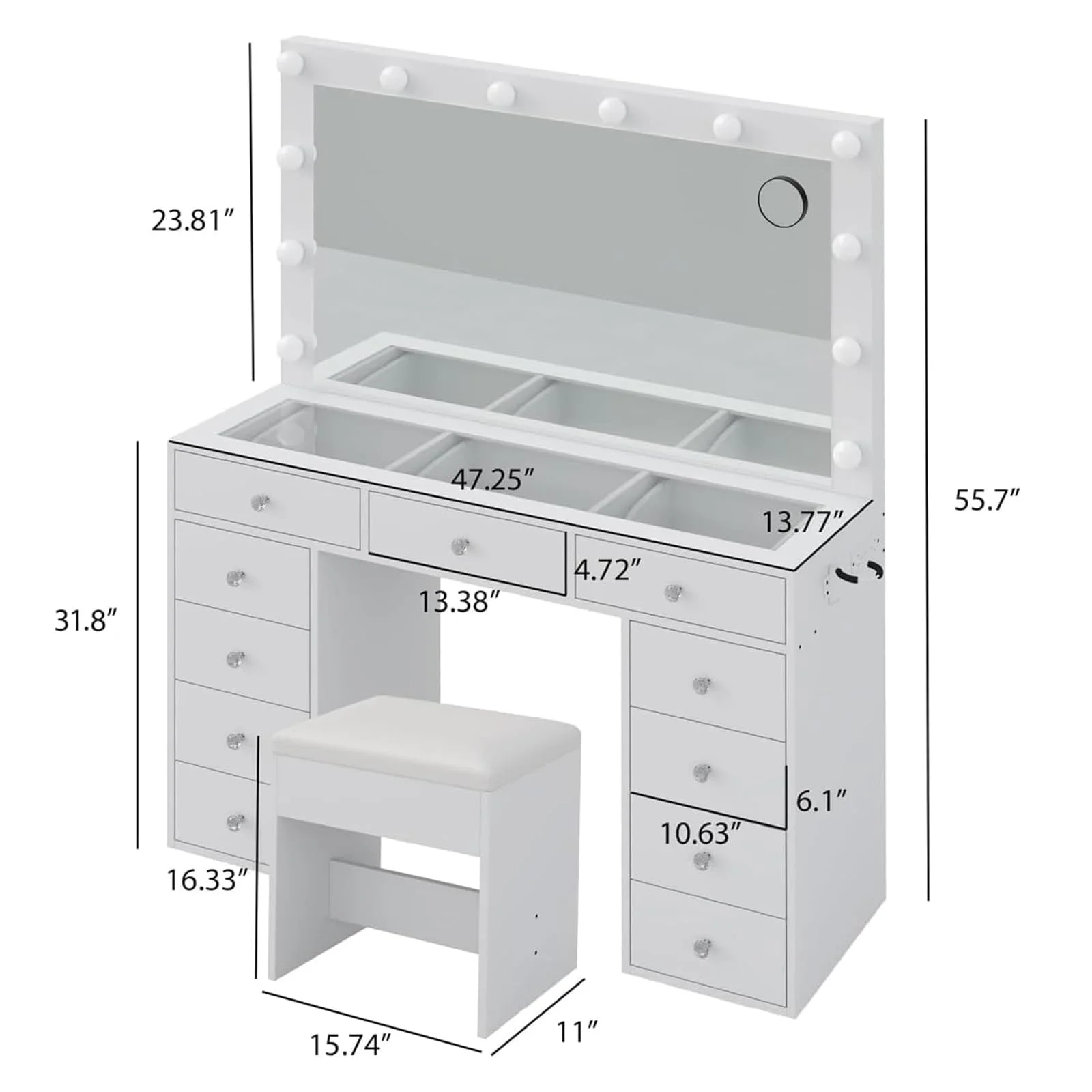 White Vanity Desk with Illuminated Mirror & Power Outlet, 11 Drawers Vanity Table with Chair, Makeup Vanity with 12 LED Lights, Tempered Glass Top, Dressing Table for Bedroom,Dressing Room