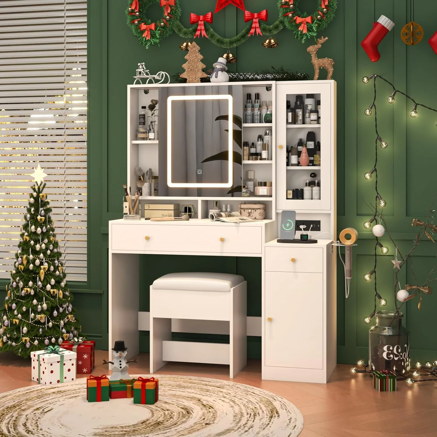 White Vanity Desk with Sliding Mirror & Lights, Vanity Table Makeup Desk with Charging Station 2 Drawers 2 Doors, Lots of Storage Shelves, Large Vanity Set with Cushioned Stool