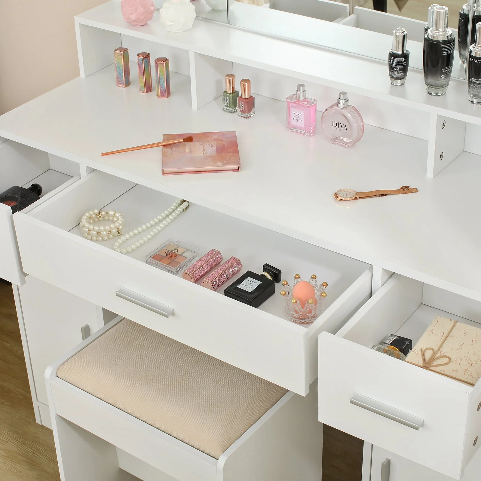 USIKEY Large Vanity Set with Large Lighted Mirror, Modern Makeup Vanity Table with 3 Drawers, 2 Storage Cabinets & 10 LED Bulbs and Cushioned Stool for Women, Bedroom, WhiteSZT32WD