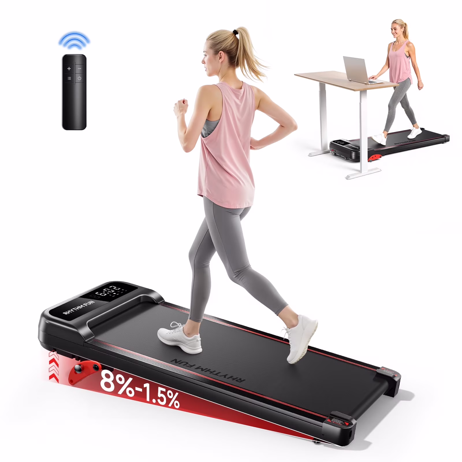 RHYTHM FUN Walking Pad Treadmill with Incline, Under Desk Fitness Machine for Home & Office, 300 lbs Portable, LED Display, Remote Control