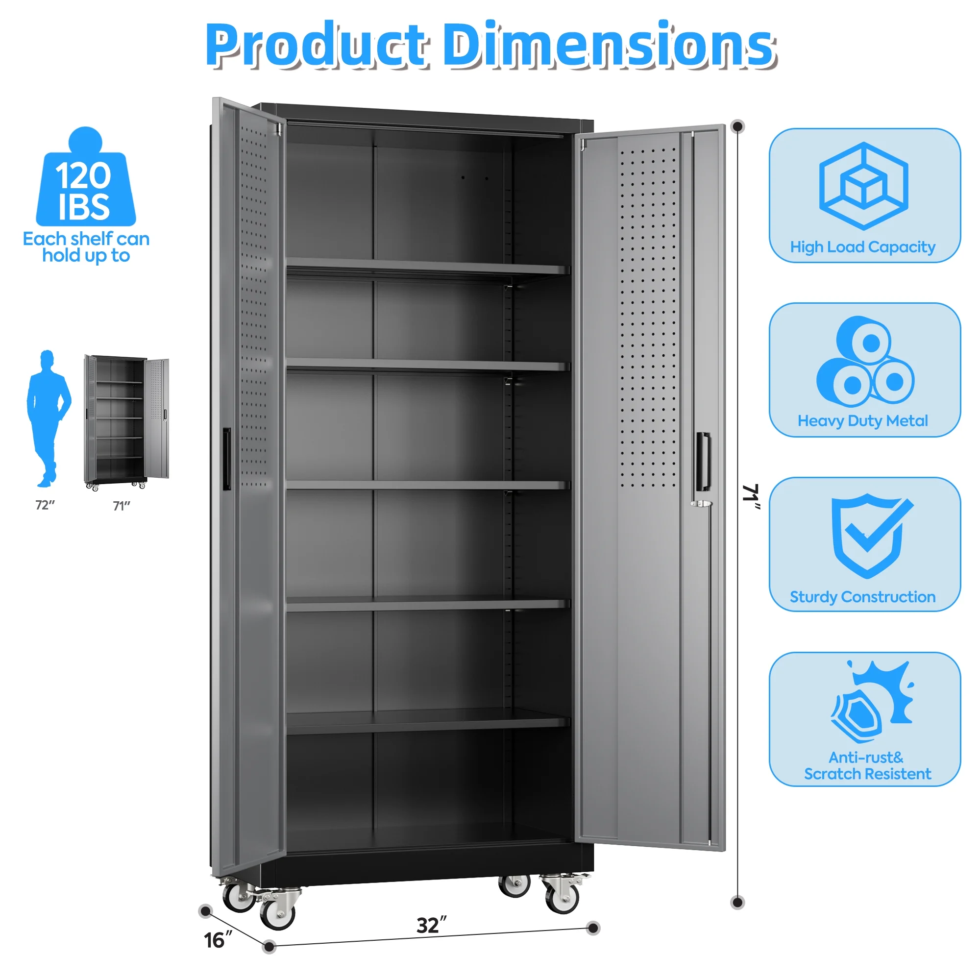 SUPEER Metal Rolling Storage Cabinets with Locking Doors and 5 Adjustable Shelves, Steel Garage Storage Cabinet for Garage, Office, Classroom, Assemble Required(Black)